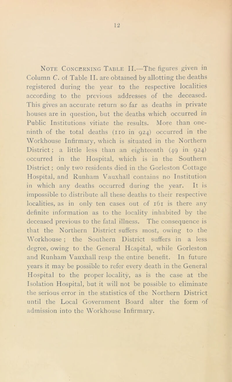 Note Concerning Table II.—The figures given in Column C. of Table II. are obtained by allotting the deaths registered during the year to the respective localities according to the previous addresses of the deceased. This gives an accurate return so far as deaths in private houses are in question, but the deaths which occurred in Public Institutions vitiate the results. More than one- ninth of the total deaths (no in 924) occurred in the Workhouse Infirmary, which is situated in the Northern District ; a little less than an eighteenth (49 in 924) occurred in the Hospital, which is in the Southern District; only two residents died in the Gorleston Cottage Hospital, and Runham Vauxhall contains no Institution in which any deaths occurred during the year. It is impossible to distribute all these deaths to their respective localities, as in only ten cases out of 161 is there any definite information as to the locality inhabited by the deceased previous to the fatal illness. The consequence is that the Northern District suffers most, owing to the Workhouse ; the Southern District suffers in a less degree, owing to the General Hospital, while Gorleston and Runham Vauxhall reap the entire benefit. In future years it may be possible to refer every death in the General Hospital to the proper locality, as is the case at the Isolation Hospital, but it will not be possible to eliminate the serious error in the statistics of the Northern District until the Local Government Board alter the form of admission into the Workhouse Infirmary.