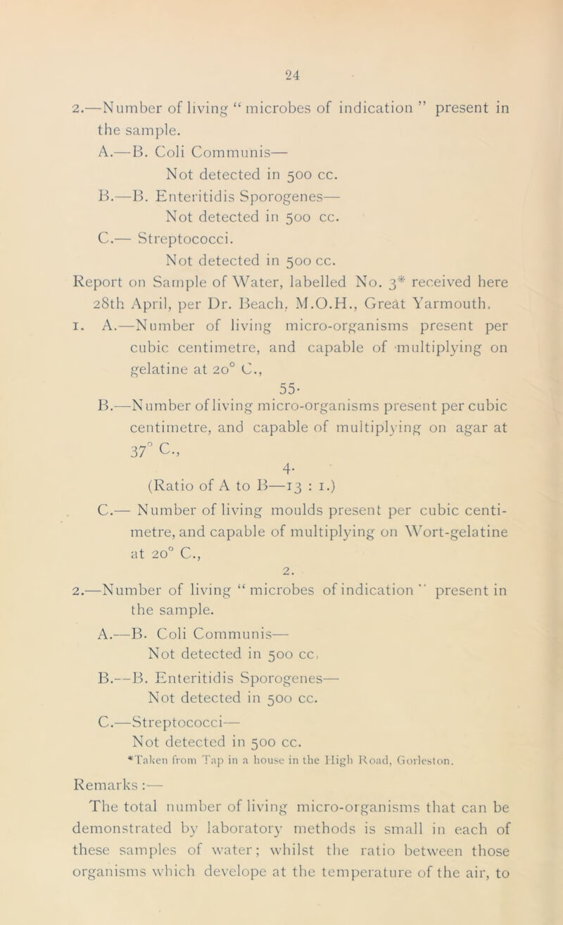 2.—Number of living “ microbes of indication ” present in the sample. A. — B. Coli Communis— Not detected in 500 cc. B. —B. Enteritidis Sporogenes— Not detected in 500 cc. C. — Streptococci. Not detected in 500 cc. Report on Sample of Water, labelled No. 3* received here 28th April, per Dr. Beach, M.O.H., Great Yarmouth. 1. A.—Number of living micro-organisms present per cubic centimetre, and capable of multiplying on gelatine at 20° C., 55- B. —Number of living micro-organisms present per cubic centimetre, and capable of multiplying on agar at 37° C., 4' (Ratio of A to B—13 : 1.) C. — Number of living moulds present per cubic centi- metre, and capable of multiplying on Wort-gelatine at 200 C., 2. 2. —Number of living “microbes of indication  present in the sample. A. —B. Coli Communis— Not detected in 500 cc. B. —B. Enteritidis Sporogenes— Not detected in 500 cc. C. —Streptococci— Not detected in 500 cc. •Taken from Tap in a house in the High Road, Gorleston. Remarks:— The total number of living micro-organisms that can be demonstrated by laboratory methods is small in each of these samples of water; whilst the ratio between those organisms which develope at the temperature of the air, to