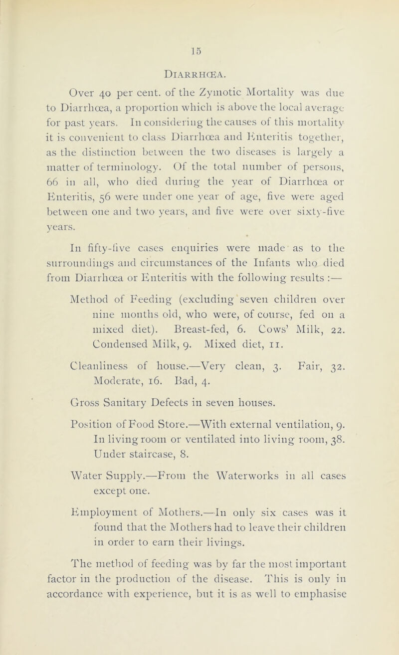 Diarrhcea. Over 40 per cent, of the Zymotic Mortality was due to Diarrhoea, a proportion which is above the local average for past years. In considering the causes of this mortality it is convenient to class Diarrhoea and Enteritis together, as the distinction between the two diseases is largely a matter of terminology. Of the total number of persons, 66 in all, who died during the year of Diarrhoea or Enteritis, 56 were under one year of age, five were aged between one and two years, and five were over sixty-five years. • I11 fifty-live cases enquiries were made as to the surroundings and circumstances of the Infants who died from Diarrhoea or Enteritis with the following results :— Method of Feeding (excluding seven children over nine months old, who were, of course, fed on a mixed diet). Breast-fed, 6. Cows’ Milk, 22. Condensed Milk, 9. Mixed diet, 11. Cleanliness of house.—Very clean, 3. B'air, 32. Moderate, 16. Bad, 4. Gross Sanitary Defects in seven houses. Position of Food Store.—With external ventilation, 9. In living room or ventilated into living room, 38. Under staircase, 8. Water Supply.—From the Waterworks in all cases except one. Employment of Mothers.—In only six cases was it found that the Mothers had to leave their children in order to earn their livings. The method of feeding was by far the most important factor in the production of the disease. This is only in accordance with experience, but it is as well to emphasise