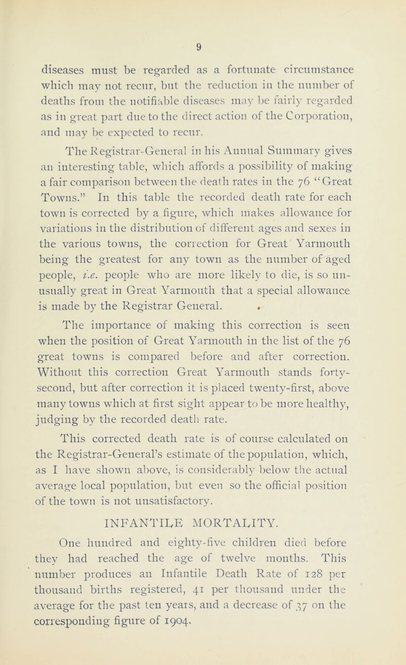 diseases must be regarded as a fortunate circumstance which may not recur, but the reduction in the number of deaths from the notifiable diseases may be fairly regarded as in great part due to the direct action of the Corporation, and may be expected to recur. The Registrar-General in his Annual Summary gives an interesting table, which affords a possibility of making a fair comparison between the death rates in the 76 “Great Towns.” In this table the recorded death rate for each town is corrected by a figure, which makes allowance for variations in the distribution of different ages and sexes in the various towns, the correction for Great Yarmouth being the greatest for any town as the number of aged people, i.e. people who are more likely to die, is so un- usually great in Great Yarmonth that a special allowance is made by the Registrar General. , The importance of making this correction is seen when the position of Great Yarmouth in the list of the 76 great towns is compared before and after correction. Without this correction Great Yarmouth stands fortv- j second, but after correction it is placed twenty-first, above many towns which at first sight appear to be more healthy, judging by the recorded death rate. This corrected death rate is of course calculated on the Registrar-General’s estimate of the population, which, as I have shown above, is considerably below the actual average local population, but even so the official position of the town is not unsatisfactory. INFANTILE MORTALITY. One hundred and eighty-five children died before they had reached the age of twelve months. This number produces an Infantile Death Rate of 128 per thousand births registered, 41 per thomsand under the average for the past ten years, and a decrease of 37 on the corresponding figure of 1904.