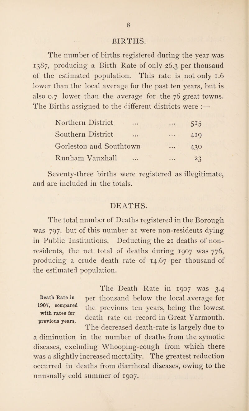 BIRTHS. The number of births registered during the year was 1387, producing a Birth Rate of only 26.3 per thousand of the estimated population. This rate is not only 1.6 lower than the local average for the past ten years, but is also 0.7 lower than the average for the 76 great towns. The Births assigned to the different districts were :— Northern District ... ... 515 Southern District ... ... 419 Gorleston and Southtown ... 430 Runham Vauxhall ... ... 23 Seventy-three births were registered as illegitimate, and are included in the totals. DEATHS. The total number of Deaths registered in the Borough was 797, but of this number 21 were non-residents dying in Public Institutions. Deducting the 21 deaths of non¬ residents, the net total of deaths during 1907 was 776, producing a crude death rate of 14.67 per thousand of the estimated population. Death Rate in 1907, compared with rates for previous years. The Death Rate in 1907 was 3.4 per thousand below the local average for the previous ten years, being the lowest death rate on record in Great Yarmouth. The decreased death-rate is largely due to a diminution in the number of deaths from the zymotic diseases, excluding Whooping-cough from which there was a slightly increased mortality. The greatest reduction occurred in deaths from diarrlioeal diseases, owing to the unusually cold summer of 1907.