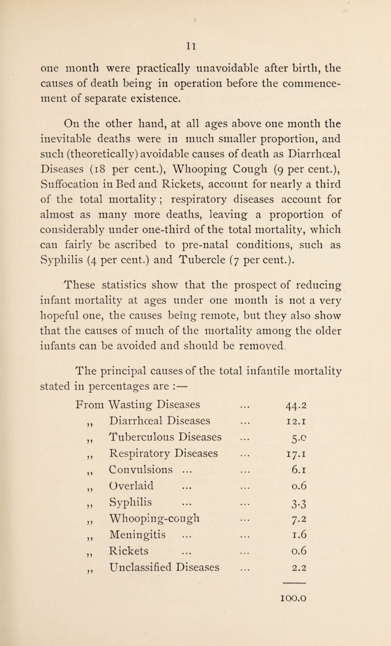 one month were practically unavoidable after birth, the causes of death being in operation before the commence¬ ment of separate existence. On the other hand, at all ages above one month the inevitable deaths were in much smaller proportion, and such (theoretically) avoidable causes of death as Diarrhoeal Diseases (18 per cent.), Whooping Cough (9 per cent.), Suffocation in Bed and Rickets, account for nearly a third of the total mortality ; respiratory diseases account for almost as many more deaths, leaving a proportion of considerably under one-third of the total mortality, which can fairly be ascribed to pre-natal conditions, such as Syphilis (4 per cent.) and Tubercle (7 percent.). These statistics .show that the prospect of reducing infant mortality at ages under one month is not a very hopeful one, the causes being remote, but they also show that the causes of much of the mortality among the older infants can be avoided and should be removed. The principal causes of the total infantile mortality stated in percentages are :— From Wasting Diseases 44.2 n Diarrhoeal Diseases 12.1 n Tuberculous Diseases 5*° j) Respiratory Diseases 17.1 Convulsions ... 6.1 Overlaid 0.6 n Syphilis 3*3 n Whooping-cough 7.2 >> Meningitis 1.6 )> Rickets 0.6 V Unclassified Diseases 2.2 100,0