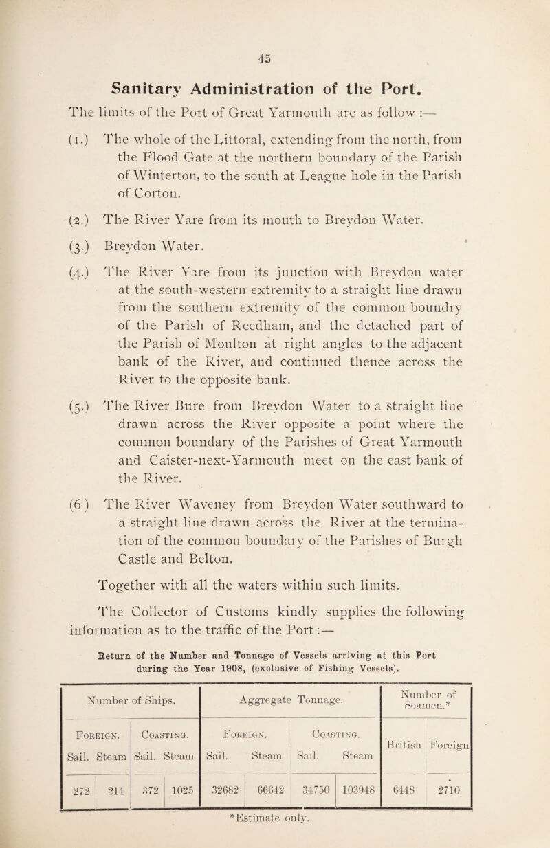 Sanitary Administration of the Port. The limits of the Port of Great Yarmouth are as follow :— (i.) The whole of the Littoral, extending from the north, from the Flood Gate at the northern boundary of the Parish of Winterton, to the south at League hole in the Parish of C orton. (2.) The River Yare from its mouth to Breydon Water. (3.) Breydon Water. (4.) The River Yare from its junction with Breydon water at the south-western extremity to a straight line drawn from the southern extremity of the common boundry of the Parish of Reedham, and the detached part of the Parish of Moulton at right angles to the adjacent bank of the River, and continued thence across the River to the opposite bank. (5.) The River Bure from Breydon Water to a straight line drawn across the River opposite a point where the common boundary of the Parishes of Great Yarmouth and Caister-next-Yarmouth meet on the east bank of the River. (6 ) The River Waveney from Breydon Water southward to a straight line drawn across the River at the termina¬ tion of the common boundary of the Parishes of Burgh Castle and Belton. Together with all the waters within such limits. The Collector of Customs kindly .supplies the following information as to the traffic of the Port: — Return of the Number and Tonnage of Vessels arriving at this Port during the Year 1908, (exclusive of Fishing Vessels). Number of Ships. Aggregate Tonnage. Number of Seamen.* Foreign. Sail. Steam Coasting. Sail. Steam Foreign. Sail. Steam Coasting. Sail. Steam British F oreign 272 214 | 372 1025 1 32682 66612 34750 103948 6448 2710 * Estimate only.