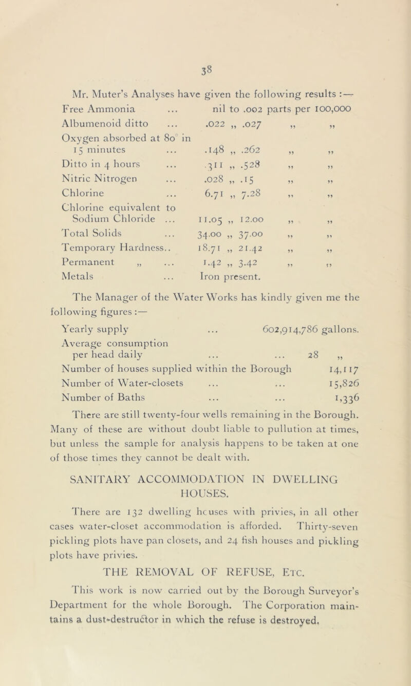 Mr. Muter’s Analyses have given the following results : — Free Ammonia nil to .002 parts per 100,000 Albumenoid ditto .022 „ .027 11 11 Oxygen absorbed at 80 in 15 minutes .148 „ .262 11 11 Ditto in 4 hours .311 „ .528 ** 11 Nitric Nitrogen .028 „ .15 11 11 Chlorine 6.71 „ 7.28 H 11 Chlorine equivalent to Sodium Chloride ... 11.05 ” 12.00 11 11 Total Solids 34.00 „ 37.00 11 11 Temporary Hardness.. 18.71 „ 21.42 11 11 Permanent „ 1.42 „ 3.42 11 11 Metals Iron present. The Manager of the WaterWorks has kindly given me the following figures : — Yearly supply Average consumption per head daily Number of houses supplied within the Borough Number of Water-closets Number of Baths 602,914,786 gallons. 28 11 14,117 15,826 B336 There are still twenty-four wells remaining in the Borough. Many of these are without doubt liable to pullution at times, but unless the sample for analysis happens to be taken at one of those times they cannot be dealt with. SANITARY ACCOMMODATION IN DWELLING HOUSES. There are 132 dwelling he uses with privies, in all other cases water-closet accommodation is afforded. Thirty-seven pickling plots have pan closets, and 24 fish houses and pickling plots have privies. THE REMOVAL OF REFUSE, Etc. This work is now carried out by the Borough Surveyor’s Department for the whole Borough. The Corporation main- tains a dust^destru&or in which the refuse is destroyed.
