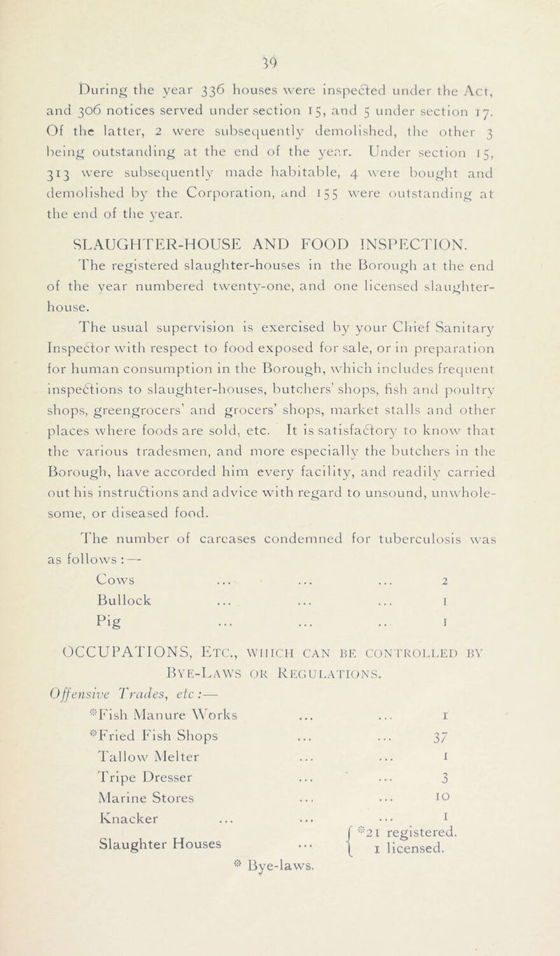 During the year 336 houses were inspected under the Act, and 306 notices served under section 15, and 5 under section 17. Of the latter, 2 were subsequently demolished, the other 3 being outstanding at the end of the year. Under section 15, 313 were subsequently made habitable, 4 were bought and demolished by the Corporation, and 155 were outstanding at the end of the year. SLAUGHTER-HOUSE AND FOOD INSPECTION. The registered slaughter-houses in the Borough at the end of the year numbered twenty-one, and one licensed slaughter- house. The usual supervision is exercised by your Chief Sanitary Inspe6Ior with respect to food exposed for sale, or in preparation for human consumption in the Borough, which includes frequent inspections to slaughter-houses, butchers’ shops, fish and poultry shops, greengrocers’ and grocers’ shops, market stalls and other places where foods are sold, etc. It is satisfactor} to know that the various tradesmen, and more especially the butchers in the Borough, have accorded him every facility, and readily carried out his instructions and advice with regard to unsound, unwhole- some, or diseased food. The number of carcases condemned for tuberculosis was as follows : — Cows ... ... ... 2 Bullock ... ... ... 1 Pig ... ... .. 1 OCCUPATIONS, Etc., which can be controlled by Bye-Laws or Regulations. Offensive Trades, etc:— *Fish Manure Works ... ... 1 iif Fried Fish Shops ... ... 37 Tallow Melter ... ... 1 Tripe Dresser ... ... 3 Marine Stores ... ••• 10 Ivnacker ... ... 1 J*2I registered. Slaughter Houses ... ^ j licensed. * Bye-laws.