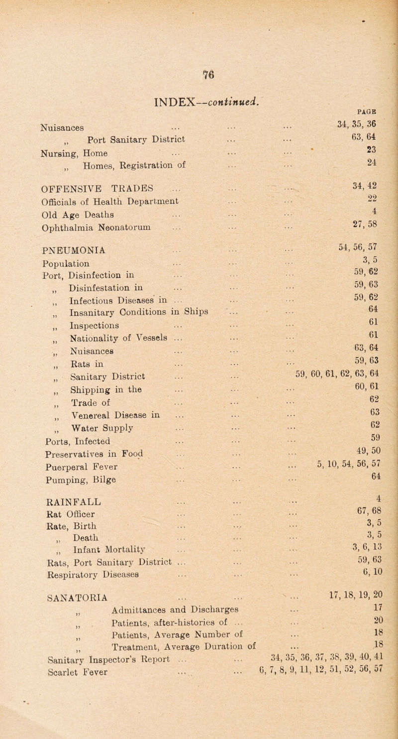 INDEX—continued. Nuisances ,, Port Sanitary District Nursing, Home ,, Homes, Registration of OFFENSIVE TRADES Officials of Health Department Old Age Deaths Ophthalmia Neonatorum PAGE 34, 35, 36 63, 64 23 24 34, 42 22 4 27, 58 PNEUMONIA Population Port, Disinfection in ,, Disinfestation in ,, Infectious Diseases in ... ,, Insanitary Conditions in Ships ,, Inspections ,, Nationality of Vessels ... „ Nuisances „ Rats in „ Sanitary District ,, Shipping in the ,, Trade of ,, Venereal Disease in ,, Water Supply Ports, Infected Preservatives in Food Puerperal Fever Pumping, Bilge 54, 56, 57 3, 5 59, 62 59, 63 59, 62 64 61 61 63, 64 59, 63 59, 60, 61, 62, 63, 64 60, 61 62 63 62 59 49, 50 5, 10, 54, 56, 57 64 RAINFALL Rat Officer Rate, Birth „ Death ,, Infant Mortality Rats, Port Sanitary District .. Respiratory Diseases 4 67, 68 3, 5 3, 5 3, 6, 13 59, 63 6, 10 Discharges SANATORIA ,, Admittances and M Patients, after-histories of ... Patients, Average Number of ,, Treatment, Average Duration of Sanitary Inspector’s Report ... 17, 18, 19, 20 17 20 18 18 34, 35, 36, 37, 38, 39, 40, 41