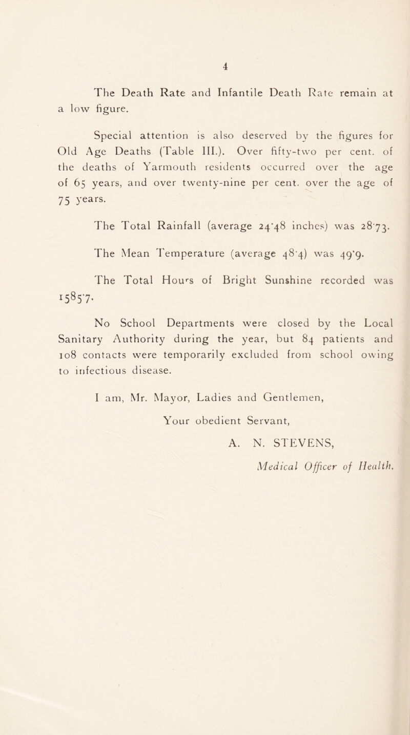 The Death Rate and Infantile Death Rate remain at a low figure. Special attention is also deserved by the figures for Old Age Deaths (Table III.). Over fifty-two per cent, of the deaths of Yarmouth residents occurred over the age of 65 years, and over twenty-nine per cent, over the age of 75 years- The Total Rainfall (average 24/48 inches) was 2873. The Mean Temperature (average 48*4) was 49*9. The Total Homs of Bright Sunshine recorded was i585'7- No School Departments were closed by the Local Sanitary Authority during the year, but 84 patients and 308 contacts were temporarily excluded from school owing to infectious disease. I am, Mr. Mayor, Ladies and Gentlemen, Your obedient Servant, A. N. STEVENS, Medical Officer of Health.