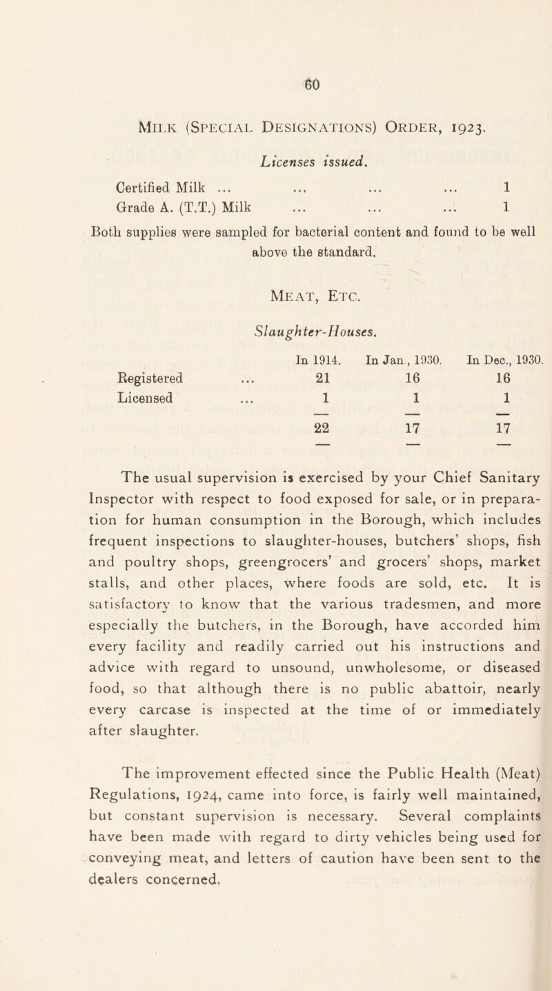 Milk (Special Designations) Order, 1923. Licenses issued. Certified Milk ... ... ... ... 1 Grade A. (T.T.) Milk ... ... ... 1 Both supplies were sampled for bacterial content and found to be well above the standard. Kegistered Licensed Meat, Etc. Slaughter-Houses. In 1914. In Jan , 1930. In Dec., 1930. 21 16 16 1 1 1 22 17 17 The usual supervision is exercised by your Chief Sanitary Inspector with respect to food exposed for sale, or in prepara- tion for human consumption in the Borough, which includes frequent inspections to slaughter-houses, butchers’ shops, fish and poultry shops, greengrocers’ and grocers’ shops, market stalls, and other places, where foods are sold, etc. It is satisfactory to know that the various tradesmen, and more especially the butchers, in the Borough, have accorded him every facility and readily carried out his instructions and advice with regard to unsound, unwholesome, or diseased food, so that although there is no public abattoir, nearly every carcase is inspected at the time of or immediately after slaughter. The improvement effected since the Public Health (Meat) Regulations, 1924, came into force, is fairly well maintained, but constant supervision is necessary. Several complaints have been made with regard to dirty vehicles being used for conveying meat, and letters of caution have been sent to the dealers concerned*