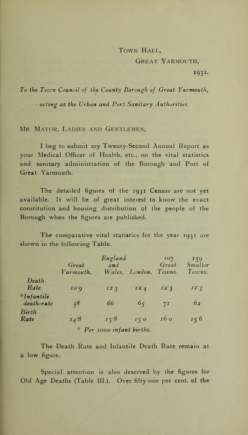 Town Hall, Great Yarmouth, 1932. To the Toivn Council of the County Borough of Great Yarmouth, acting as the Urban and Port Sanitary Authorities. Mr. Mayor, Ladies and Gentlemen, I beg to submit my Twenty-Second Annual Report as your Medical Officer of Health, etc., on the vital statistics and sanitary administration of the Borough and Port of Great Yarmouth. The detailed figures of the 1931 Census are not yet available. It will be of great interest to know the exact constitution and housing distribution of the people of the Borough when the figures are published. The comparative vital statistics for the year 1931 are shown in the following Table. Great Yarmouth. England and Wales. London. roj Great Towns. l5) Smaller Towns. Death Rate io'g 123 12 4 I2'3 11 3 * Infantile death-rate 58 66 65 71 62 Birth Rate i^f'8 i5'8 z5 0 16 0 156 Per 1000 infant births. The Death Rate and Infantile Death Rate remain at a low figure. Special attention is also deserved by the figures for