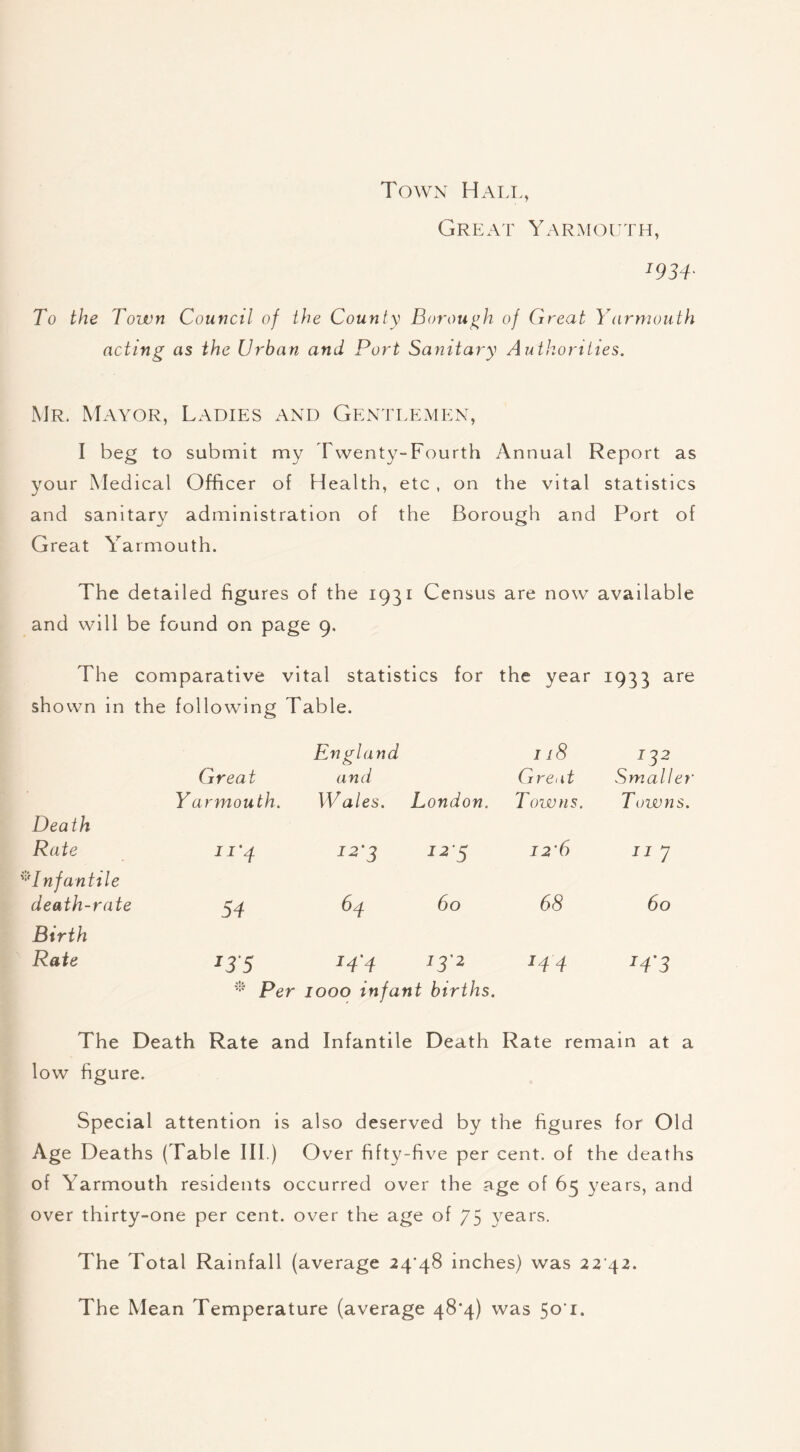Town Hall, Great Yarmouth, J934- To the Town Council of the County Borough of Great Yarmouth acting as the Urban and Port Sanitary Authorities. Mr. Mayor, Ladies and Gentlemen, I beg to submit my Twenty-Fourth Annual Report as your Medical Officer of Health, etc , on the vital statistics and sanitary administration of the Borough and Port of Great Yarmouth. The detailed figures of the 1931 Census are now available and will be found on page 9. The comparative vital statistics for the year 1933 are shown in the following Table. Great Yarmouth. England and Wales. London. 118 Great Towns. 132 Smaller Towns. Death Rate n'g I2‘3 12 5 I2'6 11 7 Infantile death-rate 54 64 60 68 60 Birth Rate J3 5 H'4 J3'2 I44 H'3 * Per 1000 infant births. The Death Rate and Infantile Death Rate remain at a low figure. Special attention is also deserved by the figures for Old Age Deaths (Table III.) Over fifty-five per cent, of the deaths of Yarmouth residents occurred over the age of 65 years, and over thirty-one per cent, over the age of 75 years. The Total Rainfall (average 24/48 inches) was 22 42. The Mean Temperature (average 48*4) was 501.