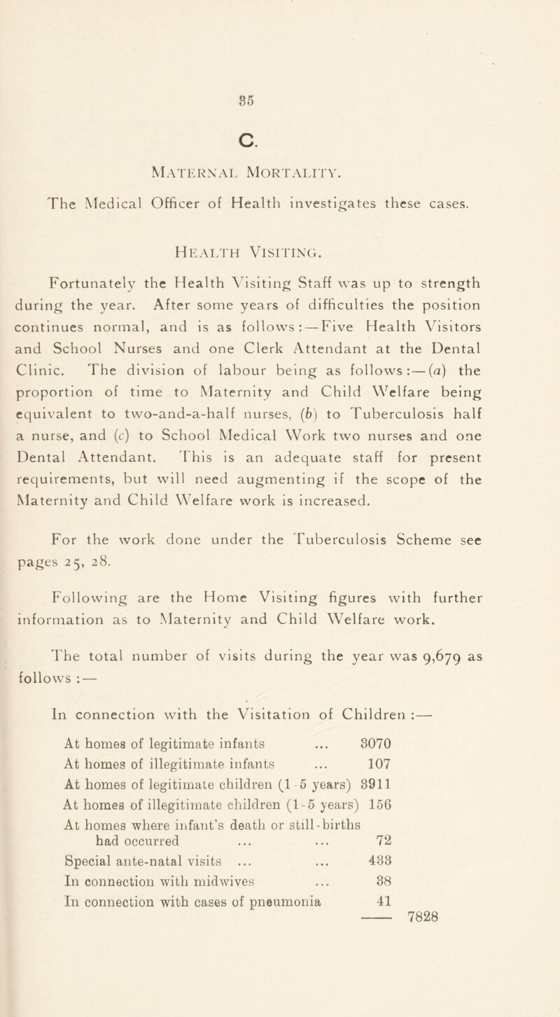 Q MATERNAL MORTALITY. The Medical Officer of Health investigates these cases. Health Visiting. Fortunately the Health Visiting Staff was up to strength during the year. After some years of difficulties the position continues normal, and is as follows: — Five Health Visitors and School Nurses and one Clerk Attendant at the Dental Clinic. The division of labour being as follows:—(a) the proportion of time to Maternity and Child Welfare being equivalent to two-and-a-half nurses, (b) to Tuberculosis half a nurse, and (c) to School Medical Work two nurses and one Dental Attendant. This is an adequate staff for present requirements, but will need augmenting if the scope of the Maternity and Child Welfare work is increased. For the work done under the Tuberculosis Scheme see pages 25, 28. Following are the Home Visiting figures with further information as to Maternity and Child Welfare work. The total number of visits during the year was 9,679 as folio ws : — In connection with the Visitation of Children :— At homes of legitimate infants ... 3070 At homes of illegitimate infants ... 107 At homes of legitimate children (1 -5 years) 3911 At homes of illegitimate children (1-5 years) 156 At homes where infant’s death or still-births had occurred ... ... 72 Special ante-natal visits ... ... 433 In connection with midwives ... 38 In connection with cases of pneumonia 41 7828