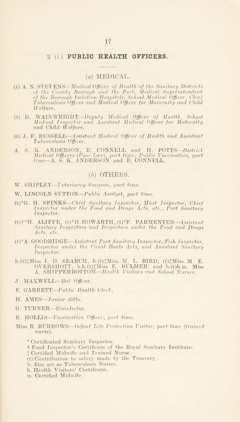 2 (i.) PUBLIC HEALTH OFFICERS. (a) MEDICAL. (t) A. N. STEVENS—Medical Officer of Health of the Sanitary Districts of the County Borough and the Port, Medical Superintendent of the Borough Isolation Hospitals, School Medical Officer, Chief Tuberculosis Officer and Medical Officer for Maternity and Child Welfare. (0 D. WAINWRIGHT—Deputy Medical Officer of Health, School Medical Inspector and Assistant Medical Officer for Maternity and Child Welfare. (t) J. F. RUSSELL—Assistant Medical Officer of Health and Assistant Tuberculosis Off cer. A S. K. ANDERSON, E. CONNELL and H. POTTS—District Medical Officers (Poor Law), part time; Public Vaccinators, part time—A. S. K. ANDERSON and E. CONNELL. (b) OTHERS. W. SHIPLEY—Veterinary Surgeon, part time. W. LINCOLN SUTTON—Public Analyst, part time. (t)*G. H. SPINKS—Chief Sanitary Inspector, Meat Inspector, Chief Inspector under the Food and Drugs Acts, etc., Port Sanitary Inspector. (t) + *H. ALIFFE, (t) *H. H 0 W ART FI, (t)*F. PARMENTER—Assistant Sanitary Inspectors and Inspectors under the Food and Drugs Acts, etc. (t)*A. GOODRIDGE—Assistant Port Sanitary Inspector, Fish Inspector, Inspector under the Canal Boats Acts, and Assistant Sanitary Inspector. h.(t)lMiss I. D. SEARCH, h.(t)JMiss M. L. BIRD, (t)JMiss M. E. OVERSHOTT, b.h.(t)lMiss E. BULMER, and b,(t)h.m. Miss A. SHIPPERBOTTOM—Health Visitors and School Nurses. J MAXWELL—Bat Officer. E. GARRETT—Public Health- Clerk. H. AMES—J unior ditto. G. TURNER—Disinfector. R. HOLLIS—Vaccination Officer, part time. Miss R. BURROWS—Infant Life Protection Visitor, part time (trained nurse). * Certificated Sanitary Inspector. t Food Inspector’s Certificate of the Royal Sanitary Institute. X Certified Midwife and Trained Nurse. (t) Contribution to salary made by the Treasury, b. Also act as Tuberculosis Nurses, h. Health Visitors’ Certificate, m. Certified Midwife.