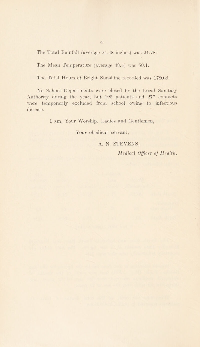 The Total Rainfall (average 24.48 inches) was 24.78. The Mean Temperature (average 48.4) was 50.1. The Total Hours of Bright Sunshine recorded was 1780.8. No School Departments were closed by the Local Sanitary Authority during the year, but 108 patients and 277 contacts were temporarily excluded from school owing to infectious disease. I am, Your Worship, Ladies and Gentlemen, Your obedient servant, A. N. STEVENS, Medical Officer of Health.