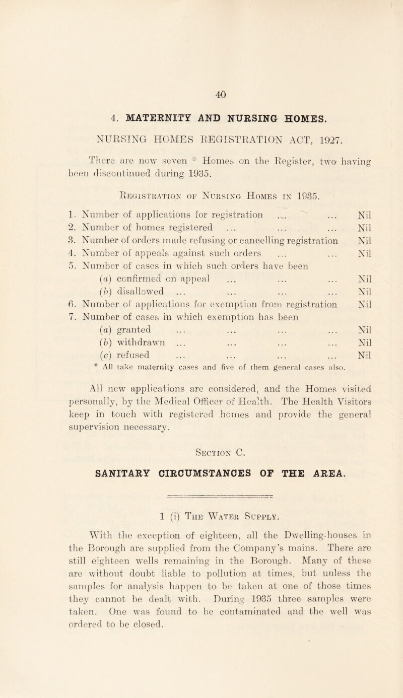 4. MATERNITY AND NURSING HOMES. NURSING HOMES REGISTRATION ACT, 1927. There are now seven * Homes on the Register, two having been discontinued during 1935. Registration of Nursing Homes in 1935. 1. Number of applications for registration ... Nil 2. Number of homes registered ... ... ... Nil 3. Number of orders made refusing or cancelling registration Nil 4. Number of appeals against such orders ... ... Nil 5. Number of cases in which such orders have been (a) confirmed on appeal ... ... ... Nil (b) disallowed ... ... ... ... Nil 6. Number of applications for exemption from registration Nil 7. Number of cases in which exemption has been (a) granted ... ... ... ... Nil (b) withdrawn ... ... ... ... Nil (c) refused ... ... ... ... Nil * Al! take maternity cases and five of them general cases also. All new applications are considered, and the Homes visited personally, by the Medical Officer of Health. The Health Visitors keep in touch with registered homes and provide the general supervision necessary. Section C. SANITARY CIRCUMSTANCES OF THE AREA. 1 (i) The1 Wateir Supply. With the exception of eighteen, all the Dwelling-houses in the Borough are supplied from the Company’s mains. There are still eighteen wells remaining in the Borough. Many of these are without doubt liable to pollution at times, but unless the samples for analysis happen to- be taken at one of those times they cannot be dealt with. During 1935 three samples were taken. One was found to be contaminated and the well was ordered to be closed.