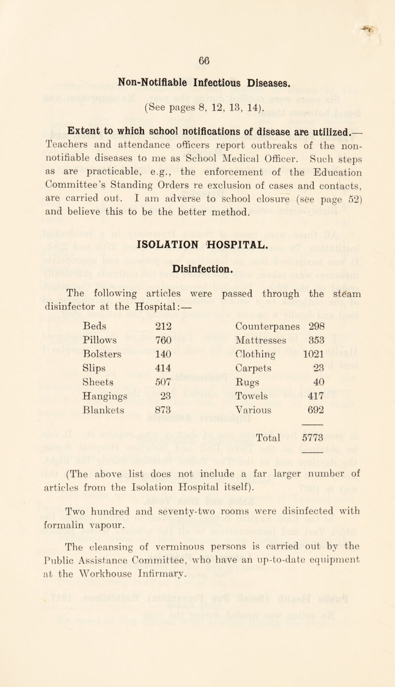 ■** Non-Notifiable Infectious Diseases. (See pages 8, 12, 18, 14). Extent to which school notifications of disease are utilized.— Teachers and attendance officers report outbreaks of the non- notifiable diseases to me as School Medical Officer. Such steps as are practicable, e.g., the enforcement of the Education Committee’s Standing Orders re exclusion of cases and contacts, are carried out. I am adverse to school closure (see page 52) and believe this to be the better method. ISOLATION HOSPITAL. Disinfection. The following articles were passed through the steam disinfector at the Hospital: — Beds 212 Counterpanes 298 Pillows 760 'Mattresses 353 Bolsters 140 Clothing 1021 Slips 414 Carpets 23 Sheets 507 Bugs 40 Hangings 23 Towels 417 Blankets 873 Various 692 Total 5773 (The above list does not include a far larger number of articles from the Isolation Hospital itself). Two hundred and seventv-two rooms were disinfected with formalin vapour. The cleansing of verminous persons is carried out by the Public Assistance Committee, who have an up-to-date equipment at the Workhouse Infirmary.