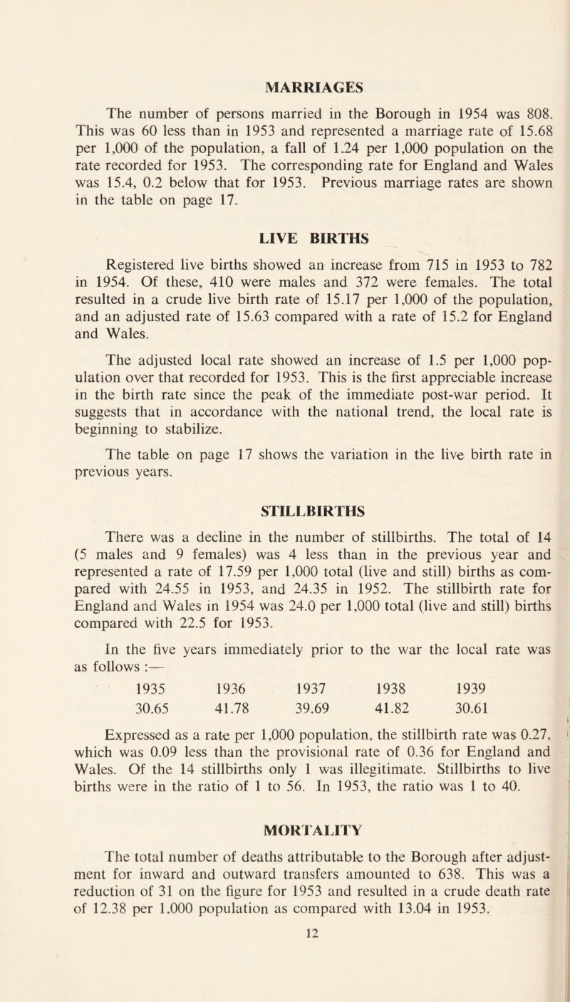 MARRIAGES The number of persons married in the Borough in 1954 was 808. This was 60 less than in 1953 and represented a marriage rate of 15.68 per 1,000 of the population, a fall of 1.24 per 1,000 population on the rate recorded for 1953. The corresponding rate for England and Wales was 15.4, 0.2 below that for 1953. Previous marriage rates are shown in the table on page 17. LIVE BIRTHS Registered live births showed an increase from 715 in 1953 to 782 in 1954. Of these, 410 were males and 372 were females. The total resulted in a crude live birth rate of 15.17 per 1,000 of the population, and an adjusted rate of 15.63 compared with a rate of 15.2 for England and Wales. The adjusted local rate showed an increase of 1.5 per 1,000 pop- ulation over that recorded for 1953. This is the first appreciable increase in the birth rate since the peak of the immediate post-war period. It suggests that in accordance with the national trend, the local rate is beginning to stabilize. The table on page 17 shows the variation in the live birth rate in previous years. STILLBIRTHS There was a decline in the number of stillbirths. The total of 14 (5 males and 9 females) was 4 less than in the previous year and represented a rate of 17.59 per 1,000 total (live and still) births as com- pared with 24.55 in 1953, and 24.35 in 1952. The stillbirth rate for England and Wales in 1954 was 24.0 per 1,000 total (live and still) births compared with 22.5 for 1953. In the five years immediately prior to the war the local rate was as follows :— 1935 1936 1937 1938 1939 30.65 41.78 39.69 41.82 30.61 Expressed as a rate per 1,000 population, the stillbirth rate was 0.27, which was 0.09 less than the provisional rate of 0.36 for England and Wales. Of the 14 stillbirths only 1 was illegitimate. Stillbirths to live births were in the ratio of 1 to 56. In 1953, the ratio was 1 to 40. MORTALITY The total number of deaths attributable to the Borough after adjust- ment for inward and outward transfers amounted to 638. This was a reduction of 31 on the figure for 1953 and resulted in a crude death rate of 12.38 per 1,000 population as compared with 13.04 in 1953.