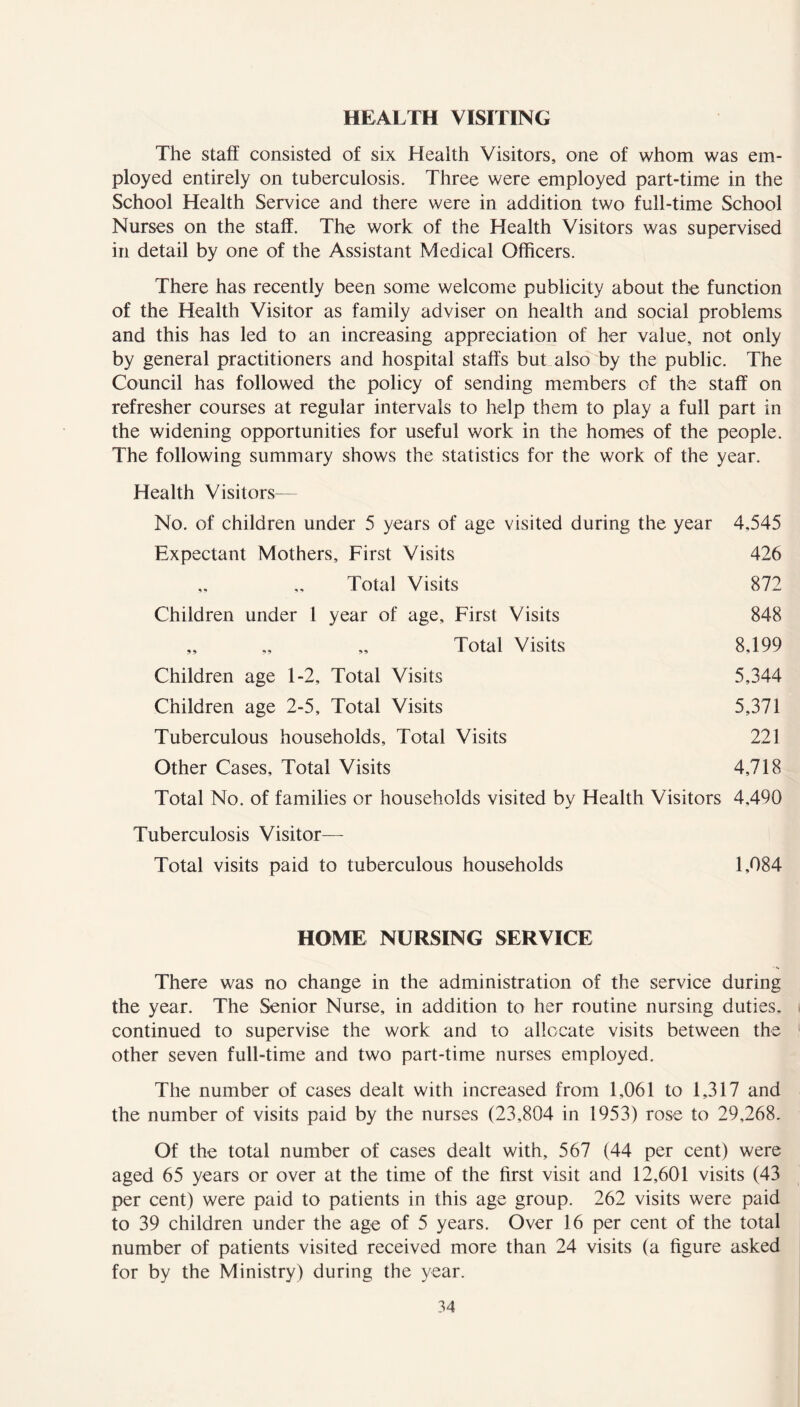 HEALTH VISITING The staff consisted of six Health Visitors, one of whom was em- ployed entirely on tuberculosis. Three were employed part-time in the School Health Service and there were in addition two full-time School Nurses on the staff. The work of the Health Visitors was supervised in detail by one of the Assistant Medical Officers. There has recently been some welcome publicity about the function of the Health Visitor as family adviser on health and social problems and this has led to an increasing appreciation of her value, not only by general practitioners and hospital staffs but also by the public. The Council has followed the policy of sending members of the staff on refresher courses at regular intervals to help them to play a full part in the widening opportunities for useful work in the homes of the people. The following summary shows the statistics for the work of the year. Health Visitors— No. of children under 5 years of age visited during the year 4,545 Expectant Mothers, First Visits 426 „ „ Total Visits 872 Children under 1 year of age. First Visits 848 „ „ „ Total Visits 8,199 Children age 1-2, Total Visits 5,344 Children age 2-5, Total Visits 5,371 Tuberculous households. Total Visits 221 Other Cases, Total Visits 4,718 Total No. of families or households visited by Health Visitors 4,490 Tuberculosis Visitor— Total visits paid to tuberculous households 1,084 HOME NURSING SERVICE There was no change in the administration of the service during the year. The Senior Nurse, in addition to her routine nursing duties, continued to supervise the work and to allocate visits between the other seven full-time and two part-time nurses employed. The number of cases dealt with increased from 1,061 to 1,317 and the number of visits paid by the nurses (23,804 in 1953) rose to 29,268. Of the total number of cases dealt with, 567 (44 per cent) were aged 65 years or over at the time of the first visit and 12,601 visits (43 per cent) were paid to patients in this age group. 262 visits were paid to 39 children under the age of 5 years. Over 16 per cent of the total number of patients visited received more than 24 visits (a figure asked for by the Ministry) during the year.