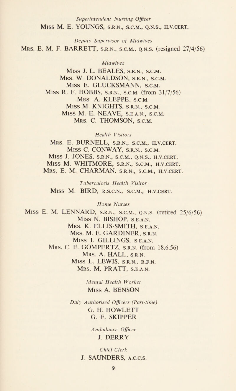 Superintendent Nursing Officer Miss M. E. YOUNGS, s.r.n., s.c.m., q.n.s., h.v.cert. Deputy Supervisor of Midwives Mrs. E. M. F. BARRETT, s.r.n., s.c.m., q.n.s. (resigned 27/4/56) Midwives Miss J. L. BEALES, s.r.n., s.c.m. Mrs. W. DONALDSON, s.r.n., s.c.m. Miss E. GLUCKSMANN, s.c.m. Miss R. F. HOBBS, s.r.n., s.c.m. (from 31/7/56) Mrs. A. KLEPPE, s.c.m. Miss M. KNIGHTS, s.r.n., s.c.m. Miss M. E. NEAVE, s.e.a.n., s.c.m. Mrs. C. THOMSON, s.c.m. Health Visitors Mrs. E. BURNELL, s.r.n., s.c.m., h.v.cert. Miss C. CONWAY, s.r.n., s.c.m. Miss J. JONES, s.r.n., s.c.m., q.n.s., h.v.cert. Miss M. WHITMORE, s.r.n., s.c.m., h.v.cert. Mrs. E. M. CHARMAN, s.r.n., s.c.m., h.v.cert. Tuberculosis Health Visitor Miss M. BIRD, r.s.c.n., s.c.m., h.v.cert. Home Nurses Miss E. M. LENNARD, s.r.n., s.c.m., q.n.s. (retired 25/6/56) Miss N. BISHOP, s.e.a.n. Mrs. K. ELLIS-SMITH, s.e.a.n. Mrs. M. E. GARDINER, s.r.n. Miss I. GILLINGS, s.e.a.n. Mrs. C. E. GOMPERTZ, s.r.n. (from 18.6.56) Mrs. A. HALL, s.r.n. Miss L. LEWIS, s.r.n., r.f.n. Mrs. M. PRATT, s.e.a.n. Mental Health Worker Miss A. BENSON Duly Authorised Officers {Part-time) G. H. HOWLETT G. E. SKIPPER Ambulance Officer J. DERRY Chief Clerk J. SAUNDERS, a.c.c.s.