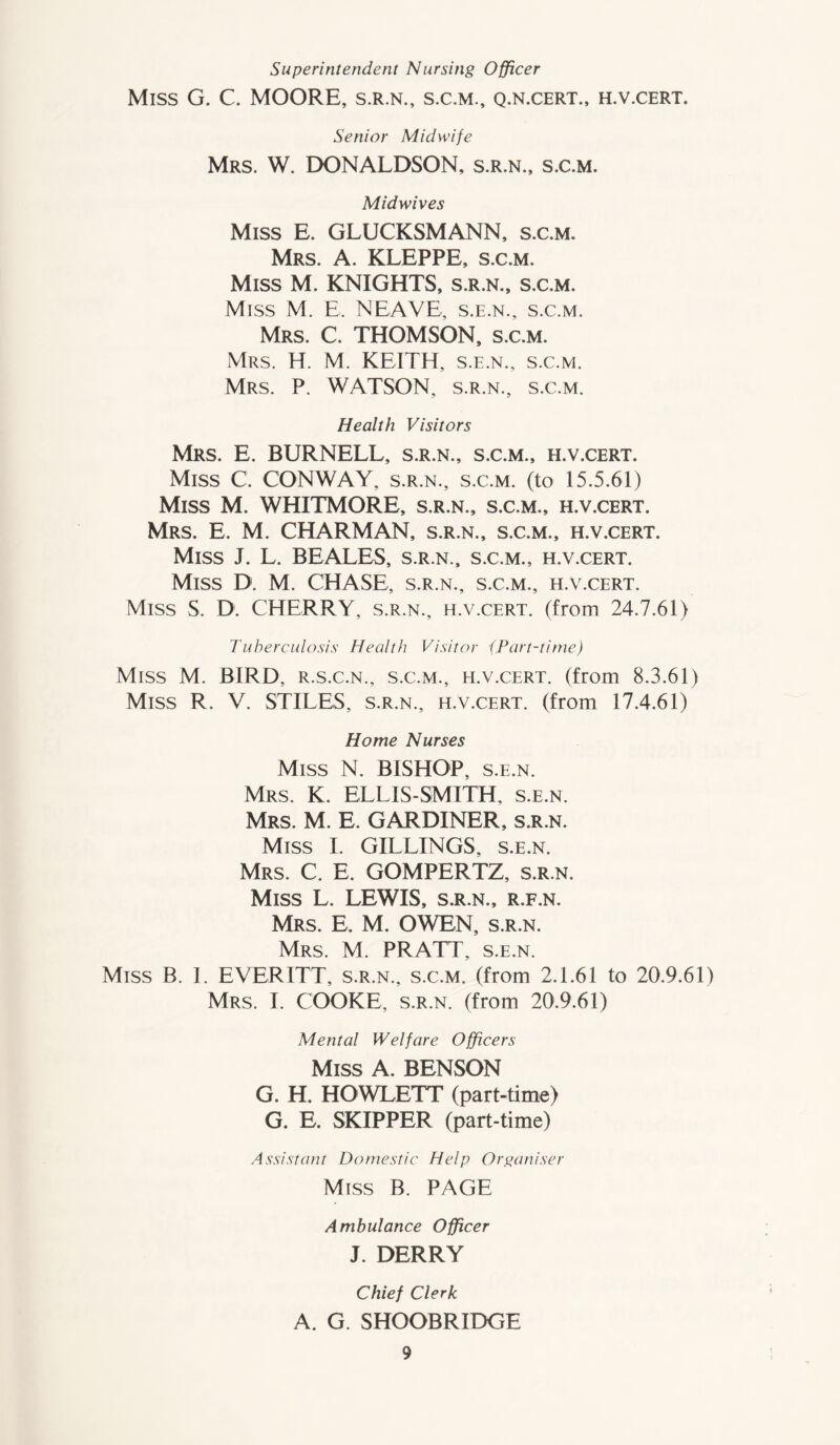 Superintendent Nursing Officer Miss G. C. MOORE, s.r.n., s.c.m., q.n.cert., h.v.cert. Senior Midwife Mrs. W. DONALDSON, s.r.n., s.c.m. Midwives Miss E. GLUCKSMANN, s.c.m. Mrs. A. KLEPPE, s.c.m. Miss M. KNIGHTS, s.r.n., s.c.m. Miss M. E. NEAVE, s.e.n., s.c.m. Mrs. C. THOMSON, s.c.m. Mrs. H. M. KEITH, s.e.n., s.c.m. Mrs. P. WATSON, s.r.n., s.c.m. Health Visitors Mrs. E. BURNELL, s.r.n., s.c.m., h.v.cert. Miss C. CONWAY, s.r.n., s.c.m. (to 15.5.61) Miss M. WHITMORE, s.r.n., s.c.m., h.v.cert. Mrs. E. M. CHARMAN, s.r.n., s.c.m., h.v.cert. Miss J. L. BEALES, s.r.n., s.c.m., h.v.cert. Miss D. M. CHASE, s.r.n., s.c.m., h.v.cert. Miss S. D. CHERRY, s.r.n., h.v.cert. (from 24.7.61) Tuberculosis Health Visitor (Part-time) Miss M. BIRD, r.s.c.n., s.c.m., h.v.cert. (from 8.3.61) Miss R. V. STILES, s.r.n., h.v.cert. (from 17.4.61) Home Nurses Miss N. BISHOP, s.e.n. Mrs. K. ELLIS-SMITH, s.e.n. Mrs. M. E. GARDINER, s.r.n. Miss I. GILLINGS, s.e.n. Mrs. C. E. GOMPERTZ, s.r.n. Miss L. LEWIS, s.r.n., r.f.n. Mrs. E, M. OWEN, s.r.n. Mrs. M. PRATT, s.e.n. Miss B. I. EVER ITT, s.r.n., s.c.m. (from 2.1.61 to 20.9.61) Mrs. I. COOKE, s.r.n. (from 20.9.61) Mental Welfare Officers Miss A. BENSON G. H. HOWLETT (part-time) G. E. SKIPPER (part-time) Assistant Domestic Help Organiser Miss B. PAGE Ambulance Officer J. DERRY Chief Clerk A. G. SHOOBRIDGE