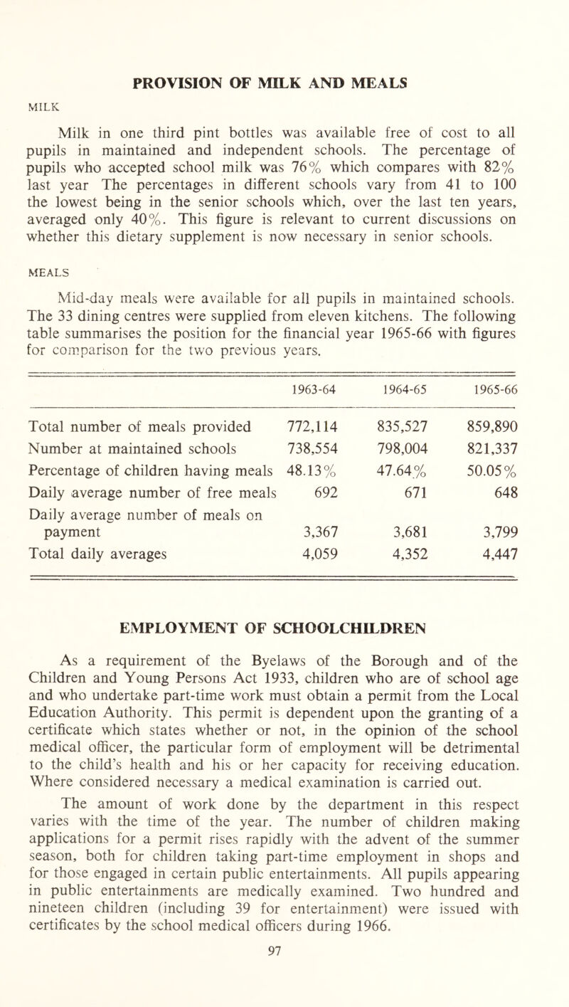 PROVISION OF MILK AND MEALS MILK Milk in one third pint bottles was available free of cost to all pupils in maintained and independent schools. The percentage of pupils who accepted school milk was 76% which compares with 82% last year The percentages in different schools vary from 41 to 100 the lowest being in the senior schools which, over the last ten years, averaged only 40%. This figure is relevant to current discussions on whether this dietary supplement is now necessary in senior schools. MEALS Mid-day meals were available for all pupils in maintained schools. The 33 dining centres were supplied from eleven kitchens. The following table summarises the position for the financial year 1965-66 with figures for comparison for the two previous years. 1963-64 1964-65 1965-66 Total number of meals provided 772,114 835,527 859,890 Number at maintained schools 738,554 798,004 821,337 Percentage of children having meals 48.13% 47.64% 50.05% Daily average number of free meals 692 671 648 Daily average number of meals on payment 3,367 3,681 3,799 Total daily averages 4,059 4,352 4,447 EMPLOYMENT OF SCHOOLCHILDREN As a requirement of the Byelaws of the Borough and of the Children and Young Persons Act 1933, children who are of school age and who undertake part-time work must obtain a permit from the Local Education Authority. This permit is dependent upon the granting of a certificate which states whether or not, in the opinion of the school medical officer, the particular form of employment will be detrimental to the child’s health and his or her capacity for receiving education. Where considered necessary a medical examination is carried out. The amount of work done by the department in this respect varies with the time of the year. The number of children making applications for a permit rises rapidly with the advent of the summer season, both for children taking part-time employment in shops and for those engaged in certain public entertainments. All pupils appearing in public entertainments are medically examined. Two hundred and nineteen children (including 39 for entertainment) were issued with certificates by the school medical officers during 1966.