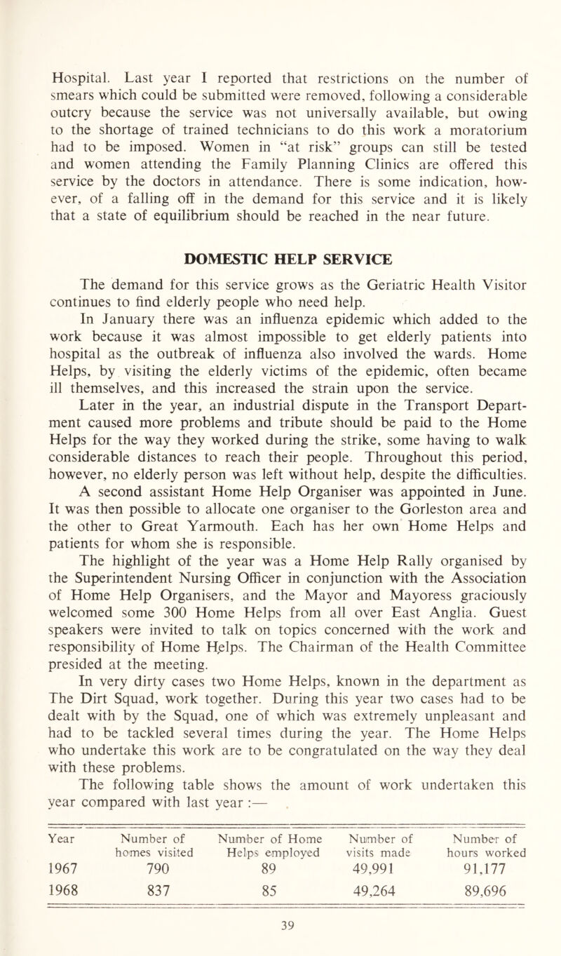 Hospital. Last year I reported that restrictions on the number of smears which could be submitted were removed, following a considerable outcry because the service was not universally available, but owing to the shortage of trained technicians to do this work a moratorium had to be imposed. Women in “at risk” groups can still be tested and women attending the Family Planning Clinics are offered this service by the doctors in attendance. There is some indication, how- ever, of a falling off in the demand for this service and it is likely that a state of equilibrium should be reached in the near future. DOMESTIC HELP SERVICE The demand for this service grows as the Geriatric Health Visitor continues to find elderly people who need help. In January there was an influenza epidemic which added to the work because it was almost impossible to get elderly patients into hospital as the outbreak of influenza also involved the wards. Home Helps, by visiting the elderly victims of the epidemic, often became ill themselves, and this increased the strain upon the service. Later in the year, an industrial dispute in the Transport Depart- ment caused more problems and tribute should be paid to the Home Helps for the way they worked during the strike, some having to walk considerable distances to reach their people. Throughout this period, however, no elderly person was left without help, despite the difficulties. A second assistant Home Help Organiser was appointed in June. It was then possible to allocate one organiser to the Gorleston area and the other to Great Yarmouth. Each has her own Home Helps and patients for whom she is responsible. The highlight of the year was a Home Help Rally organised by the Superintendent Nursing Officer in conjunction with the Association of Home Help Organisers, and the Mayor and Mayoress graciously welcomed some 300 Home Helps from all over East Anglia. Guest speakers were invited to talk on topics concerned with the work and responsibility of Home Helps. The Chairman of the Health Committee presided at the meeting. In very dirty cases two Home Helps, known in the department as The Dirt Squad, work together. During this year two cases had to be dealt with by the Squad, one of which was extremely unpleasant and had to be tackled several times during the year. The Home Helps who undertake this work are to be congratulated on the way they deal with these problems. The following table shows the amount of work undertaken this year compared with last year :— Year Number of Number of Home Number of Number of homes visited Helps employed visits made hours worked 1967 790 89 49,991 91,177 1968 837 85 49,264 89,696