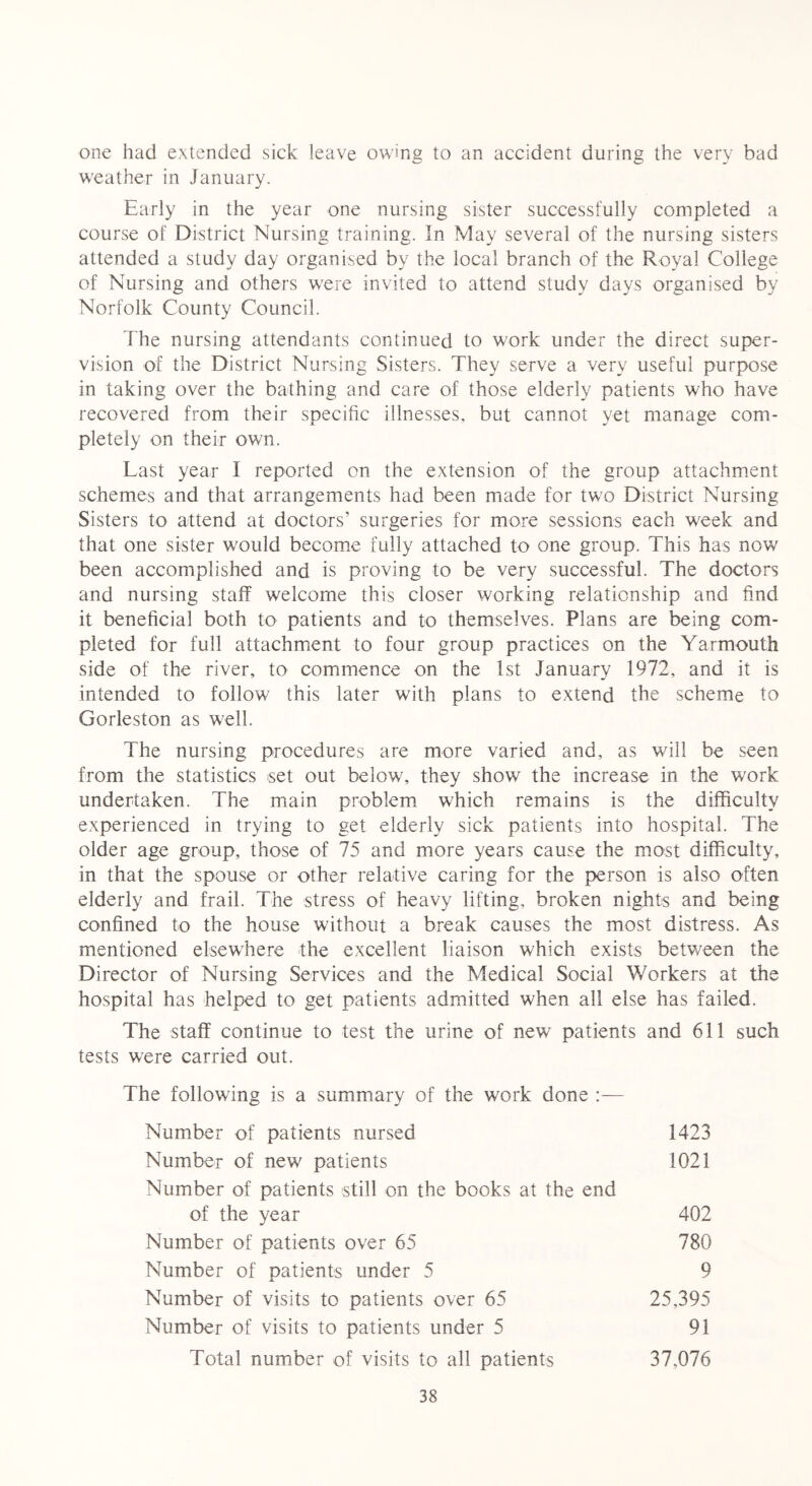 one had extended sick leave owing to an accident during the very bad weather in January. Early in the year one nursing sister successfully completed a course of District Nursing training. In May several of the nursing sisters attended a study day organised by the local branch of the Royal College of Nursing and others were invited to attend study days organised by Norfolk County Council. The nursing attendants continued to work under the direct super- vision of the District Nursing Sisters. They serve a very useful purpose in taking over the bathing and care of those elderly patients who have recovered from their specific illnesses, but cannot yet manage com- pletely on their own. Last year I reported on the extension of the group attachment schemes and that arrangements had been made for two District Nursing Sisters to attend at doctors’ surgeries for more sessions each week and that one sister would become fully attached to one group. This has now been accomplished and is proving to be very successful. The doctors and nursing staff welcome this closer working relationship and find it beneficial both to patients and to themselves. Plans are being com- pleted for full attachment to four group practices on the Yarmouth side of the river, to commence on the 1st January 1972, and it is intended to follow this later with plans to extend the scheme to Gorleston as well. The nursing procedures are more varied and, as will be seen from the statistics set out below, they show the increase in the work undertaken. The main problem which remains is the difficulty experienced in trying to get elderly sick patients into hospital. The older age group, those of 75 and more years cause the most difficulty, in that the spouse or other relative caring for the person is also often elderly and frail. The stress of heavy lifting, broken nights and being confined to the house without a break causes the most distress. As mentioned elsewhere the excellent liaison which exists between the Director of Nursing Services and the Medical Social Workers at the hospital has helped to get patients admitted when all else has failed. The staff continue to test the urine of new patients and 611 such tests were carried out. The following is a summary of the work done :— Number of patients nursed 1423 Number of new patients 1021 Number of patients still on the books at the end of the year 402 Number of patients over 65 780 Number of patients under 5 9 Number of visits to patients over 65 25,395 Number of visits to patients under 5 91 Total number of visits to all patients 37.076