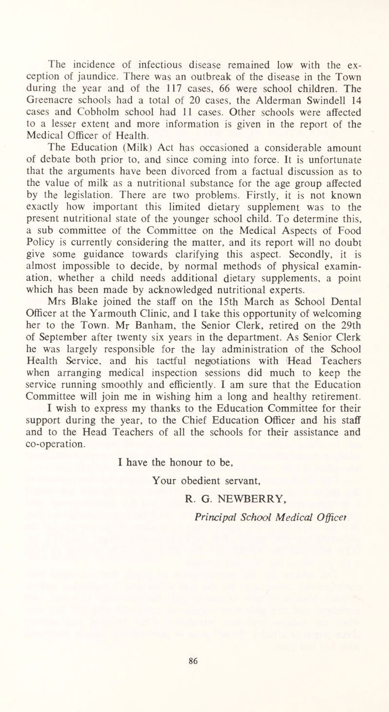 The incidence of infectious disease remained low with the ex- ception of jaundice. There was an outbreak of the disease in the Town during the year and of the 117 cases, 66 were school children. The Greenacre schools had a total of 20 cases, the Alderman Swindell 14 cases and Cobholm school had 11 cases. Other schools were affected to a lesser extent and more information is given in the report of the Medical Officer of Health. The Education (Milk) Act has occasioned a considerable amount of debate both prior to, and since coming into force. It is unfortunate that the arguments have been divorced from a factual discussion as to the value of milk as a nutritional substance for the age group affected by the legislation. There are two problems. Firstly, it is not known exactly how important this limited dietary supplement was to the present nutritional state of the younger school child. To determine this, a sub committee of the Committee on the Medical Aspects of Food Policy is currently considering the matter, and its report will no doubt give some guidance towards clarifying this aspect. Secondly, it is almost impossible to decide, by normal methods of physical examin- ation, whether a child needs additional dietary supplements, a point which has been made by acknowledged nutritional experts. Mrs Blake joined the staff on the 15th March as School Dental Officer at the Yarmouth Clinic, and I take this opportunity of welcoming her to the Town. Mr Banham, the Senior Clerk, retired on the 29th of September after twenty six years in the department. As Senior Clerk he was largely responsible for the lay administration of the School Health Service, and his tactful negotiations with Head Teachers when arranging medical inspection sessions did much to keep the service running smoothly and efficiently. I am sure that the Education Committee will join me in wishing him a long and healthy retirement. I wish to express my thanks to the Education Committee for their support during the year, to the Chief Education Officer and his staff and to the Head Teachers of all the schools for their assistance and co-operation. I have the honour to be. Your obedient servant, R. G. NEWBERRY, Principal School Medical Officer