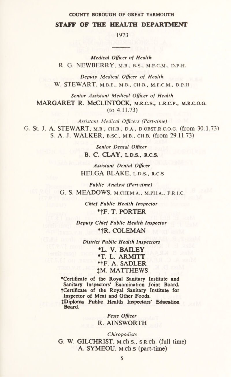 STAFF OF THE HEALTH DEPARTMENT 1973 Medical Officer of Health R. G. NEWBERRY, m.b., b.s., m.f.c.m., d.p.h. Deputy Medical Officer of Health W. STEWART, M.B.E., M.B., CH.B., M.F.C.M., D.P.H. Senior Assistant Medical Officer of Health MARGARET R. McCLINTOCK, m.r.c.s., l.r.c.p., m.r.c.o.g. (to 4.11.73) Assistant Medical Officers {Part-time) G. St. J. A. STEWART, m.b., ch.b., d.a., d.obst.r.c.o.g. (from 30.1.73) S. A. I. WALKER, b.sc., m.b., ch.b. (from 29.11.73) Senior Dental Officer B. C. CLAY, l.d.s., R.c.s. Assistant Dental Officer HELGA BLAKE, l.d.s., r.c.s Public Analyst (Part-time) G. S. MEADOWS, m.chem.a., m.ph.a., f.r.i.c. Chief Public Health Inspector *tF. T. PORTER Deputy Chief Public Health Inspector *tR. COLEMAN District Public Health Inspectors ♦L. V. BAILEY *T. L. ARMITT *tF. A. SADLER JM. MATTHEWS •Certificate of the Royal Sanitary Institute and Sanitary Inspectors* Examination Joint Board. tCertificate of the Royal Sanitary Institute for Inspector of Meat and Other Foods. ^Diploma Public Health Inspectors* Education Board. Pests Officer R. AINSWORTH Chiropodists G. W. GILCHRIST, M.ch.s., s.R.ch. (full time) A. SYMEOU, M.ch.s (part-time)