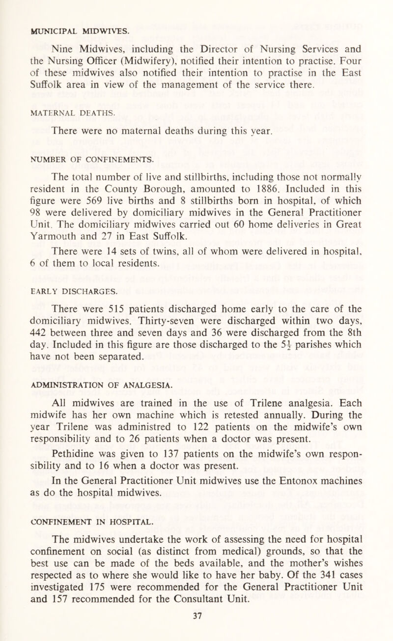 MUNICIPAL MIDWIVES. Nine Midwives, including the Director of Nursing Services and the Nursing Officer (Midwifery), notified their intention to practise. Four of these midwives also notified their intention to practise in the East Suffolk area in view of the management of the service there. MATERNAL DEATHS. There were no maternal deaths during this year. NUMBER OF CONFINEMENTS. The total number of live and stillbirths, including those not normally resident in the County Borough, amounted to 1886. Included in this figure were 569 live births and 8 stillbirths born in hospital, of which 98 were delivered by domiciliary midwives in the General Practitioner Unit. The domiciliary midwives carried out 60 home deliveries in Great Yarmouth and 27 in East Suffolk. There were 14 sets of twins, all of whom were delivered in hospital, 6 of them to local residents. EARLY DISCHARGES. There were 515 patients discharged home early to the care of the domiciliary midwives. Thirty-seven were discharged within two days, 442 between three and seven days and 36 were discharged from the 8th day. Included in this figure are those discharged to the 5^ parishes which have not been separated. ADMINISTRATION OF ANALGESIA. All midwives are trained in the use of Trilene analgesia. Each midwife has her own machine which is retested annually. During the year Trilene was administred to 122 patients on the midwife’s own responsibility and to 26 patients when a doctor was present. Pethidine was given to 137 patients on the midwife’s own respon- sibility and to 16 when a doctor was present. In the General Practitioner Unit midwives use the Entonox machines as do the hospital midwives. CONFINEMENT IN HOSPITAL. The midwives undertake the work of assessing the need for hospital confinement on social (as distinct from medical) grounds, so that the best use can be made of the beds available, and the mother’s wishes respected as to where she would like to have her baby. Of the 341 cases investigated 175 were recommended for the General Practitioner Unit and 157 recommended for the Consultant Unit.