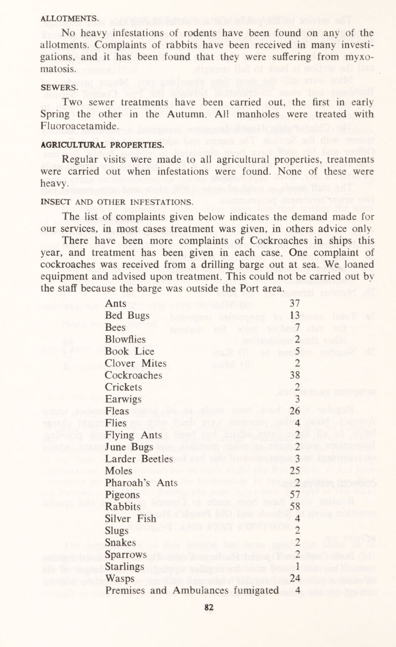 ALLOTMENTS. No heavy infestations of rodents have been found on any of the allotments. Complaints of rabbits have been received in many investi- gations, and it has been found that they were suffering from myxo- matosis. SEWERS. Two sewer treatments have been carried out, the first in early Spring the other in the Autumn. All manholes were treated with Fluoroacetamide. AGRICULTURAL PROPERTIES. Regular visits were made to all agricultural properties, treatments were carried out when infestations were found. None of these were heavy. INSECT AND OTHER INFESTATIONS. The list of complaints given below indicates the demand made for our services, in most cases treatment was given, in others advice only There have been more complaints of Cockroaches in ships this year, and treatment has been given in each case. One complaint of cockroaches was received from a drilling barge out at sea. We loaned equipment and advised upon treatment. This could not be carried out by the staff because the barge was outside the Port area. Ants Bed Bugs Bees Blowflies Book Lice Clover Mites Cockroaches Crickets Earwigs Fleas Flies Flying Ants June Bugs Larder Beetles Moles Pharoah’s Ants Pigeons Rabbits Silver Fish Slugs Snakes Sparrows Starlings Wasps Premises and Ambulances fumigated 37 13 7 2 5 2 38 2 3 26 4 2 2 3 25 2 57 58 4 2 2 9 1 24 4