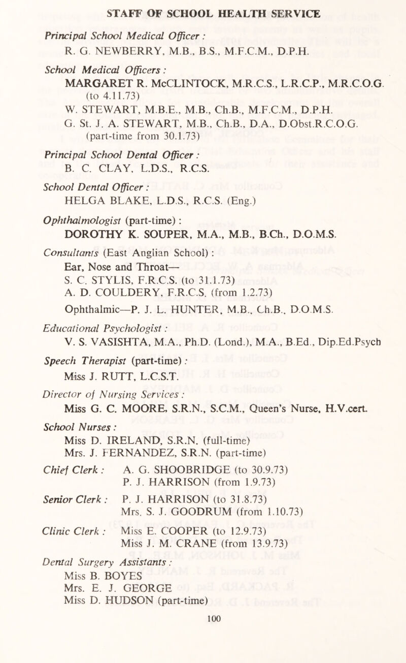 STAFF OF SCHOOL HEALTH SERVICE Principal School Medical Officer: R. G NEWBERRY, M B., B.S., M.F.C.M., D.P.H. School Medical Officers: MARGARET R. McCLINTOCK, M.R.C.S., L.R.C.P., M.R.C.O.G (to 4.11.73) W. STEWART, M.B.E., M B., Ch.B., M.F.C.M., D.P.H. G. St. J. A. STEWART, M B., Ch.B., D.A., D.Obst.R.C.O.G. (part-time from 30.1.73) Principal School Denial Officer: B. C. CLAY, L.D.S., R.C.S. School Dental Officer: HELGA BLAKE, L.D.S., R.C.S. (Eng.) Ophthalmologist (part-time): DOROTHY K. SOUPER, M.A., M B., B.Ch., D.O.M.S. Consultants (East Anglian School) : Ear, Nose and Throat— S. C. STYLIS, F.R.C.S. (to 31.1.73) A. D. COULDERY, F.R.C.S. (from 1.2.73) Ophthalmic—P. J. L. HUNTER. M.B.. Ch.B., D.O.M.S. Educational Psychologist: V. S. VASISHTA, M.A., Ph D. (Lond.), M.A., B.Ed , Dip.Ed.Psycb Speech Therapist (part-time) : Miss J. RUTT, L.C.S.T. Director of Nursing Services: Miss G. C. MOORE, S.R.N., S.C.M., Queen’s Nurse, H.V.cert. School Nurses: Miss D. IRELAND, S.R.N. (full-time) Mrs. J. FERNANDEZ, S.R.N. (part-time) Chief Clerk : A. G. SHOOBRIDGE (to 30.9.73) P. J. HARRISON (from 1.9.73) Senior Clerk : P. J. HARRISON (to 31.8.73) Mrs. S. J. GOODRUM (from 1.10.73) Clinic Clerk : Miss E. COOPER (to 12.9.73) Miss J. M. CRANE (from 13.9.73) Dental Surgery Assistants: Miss B. BOYES Mrs. E. J. GEORGE Miss D. HUDSON (part-time)