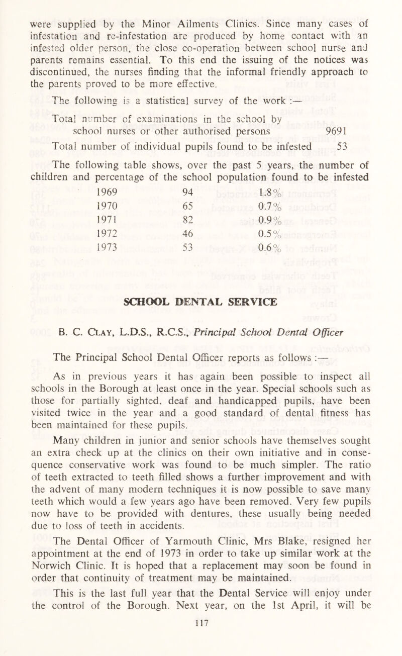 were supplied by the Minor Ailments Clinics. Since many cases of infestation and re-infestation are produced by home contact with an infested older person, the close co-operation between school nurse anJ parents remains essential. To this end the issuing of the notices was discontinued, the nurses finding that the informal friendly approach to the parents proved to be more effective. The following is a statistical survey of the work :— Total number of examinations in the school by school nurses or other authorised persons 9691 Total number of individual pupils found to be infested 53 The following table shows, over the past 5 years, the number of children and percentage of the school population found to be infested 1969 94 1.8% 1970 65 0.7% 1971 82 0.9% 1972 46 0.5% 1973 53 0.6 % SCHOOL DENTAL SERVICE B. C. Clay, L.D.S., R.C.S., Principal School Dental Officer The Principal School Dental Officer reports as follows :— As in previous years it has again been possible to inspect all schools in the Borough at least once in the year. Special schools such as those for partially sighted, deaf and handicapped pupils, have been visited twice in the year and a good standard of dental fitness has been maintained for these pupils. Many children in junior and senior schools have themselves sought an extra check up at the clinics on their own initiative and in conse- quence conservative work was found to be much simpler. The ratio of teeth extracted to teeth filled shows a further improvement and with the advent of many modern techniques it is now possible to save many teeth which would a few years ago have been removed. Very few pupils now have to be provided with dentures, these usually being needed due to loss of teeth in accidents. The Dental Officer of Yarmouth Clinic, Mrs Blake, resigned her appointment at the end of 1973 in order to take up similar work at the Norwich Clinic. It is hoped that a replacement may soon be found in order that continuity of treatment may be maintained. This is the last full year that the Dental Service will enjoy under the control of the Borough. Next year, on the 1st April, it will be