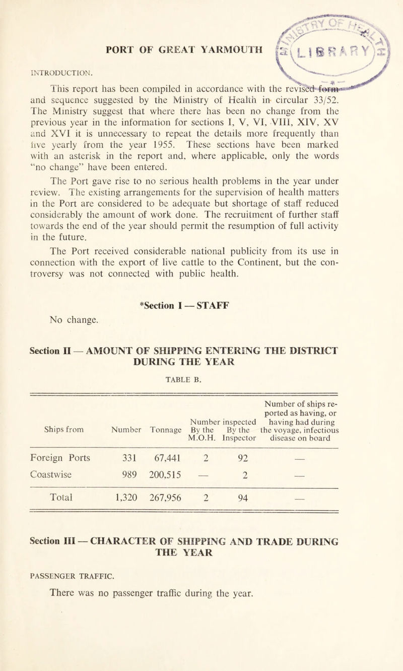 PORT OF GREAT YARMOUTH INTRODUCTION. This report has been compiled in accordance with and sequence suggested by the Ministry of Health in- circular 33/52. The Ministry suggest that where there has been no change from the previous year in the information for sections i, V, VI, VIII, XIV, XV and XVI it is unnecessary to repeat the details more frequently than live yearly from the year 1955. These sections have been marked with an asterisk in the report and, where applicable, only the words “no change” have been entered. The Port gave rise to no serious health problems in the year under review. The existing arrangements for the supervision of health matters in the Port are considered to be adequate but shortage of staff reduced considerably the amount of work done. The recruitment of further staff towards the end of the year should permit the resumption of full activity in the future. The Port received considerable national publicity from its use in connection with the export of live cattle to the Continent, but the con- troversy was not connected with public health. No change. *Section I — STAFF Section II — AMOUNT OF SHIPPING ENTERING THE DISTRICT DURING THE YEAR TABLE B, Ships from Number Tonnage Number inspected By the By the M.O.H. Inspector Number of ships re- ported as having, or having had during the voyage, infectious disease on board Foreign Ports 331 67,441 2 92 — Coastwise 989 200,515 — 2 — Total 1,320 267,956 2 94 — Section III — CHARACTER OF SHIPPING AND TRADE DURING THE YEAR PASSENGER TRAFFIC. There was no passenger traffic during the year.