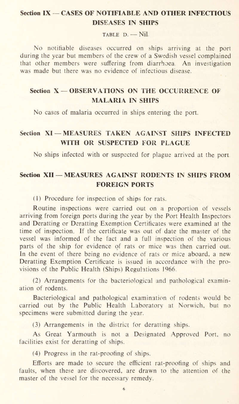 Section IX — CASES OF NOTIFIABLE AND OTHER INFECTIOUS DISEASES IN SHIPS TABLE D. — Nil. No notifiable diseases occurred on ships arriving at the port during the year but members of the crew of a Swedish vessel complained that other members were suffering from diarrhoea. An investigation was made but there was no evidence of infectious disease. Section X —OBSERVATIONS ON THE OCCURRENCE OF MALARIA IN SHIPS No cases of malaria occurred in ships entering the port. Section XI — MEASURES TAKEN AGAINST SHIPS INFECTED WITH OR SUSPECTED FOR PLAGUE No ships infected with or suspected for plague arrived at the port Section XII — MEASURES AGAINST RODENTS IN SHIPS FROM FOREIGN PORTS (1) Procedure for inspection of ships for rats. Routine inspections were carried out on a proportion of vessels arriving from foreign ports during the year by the Port Health Inspectors and Deratting or Deratting Exemption Certificates were examined at the time of inspection. If the certificate was out of date the master of the vessel was informed of the fact and a full inspection of the various parts of the ship for evidence of rats or mice was then carried out. In the event of there being no evidence of rats or mice aboard, a new Deratting Exemption Certificate is issued in accordance with the pro- visions of the Public Health (Ships) Regulations 1966. (2) Arrangements for the bacteriological and pathological examin- ation of rodents. Bacteriological and pathological examination of rodents would be carried out by the Public Health Laboratory at Norwich, but no specimens were submitted during the year. (3) Arrangements in the district for deratting ships. As Great Yarmouth is not a Designated Approved Port, no facilities exist for deratting of ships. (4) Progress in the rat-proofing of ships. Efforts are made to secure the efficient rat-proofing of ships and faults, when these are discovered, are drawn to the attention of the master of the vessel for the necessary remedy.