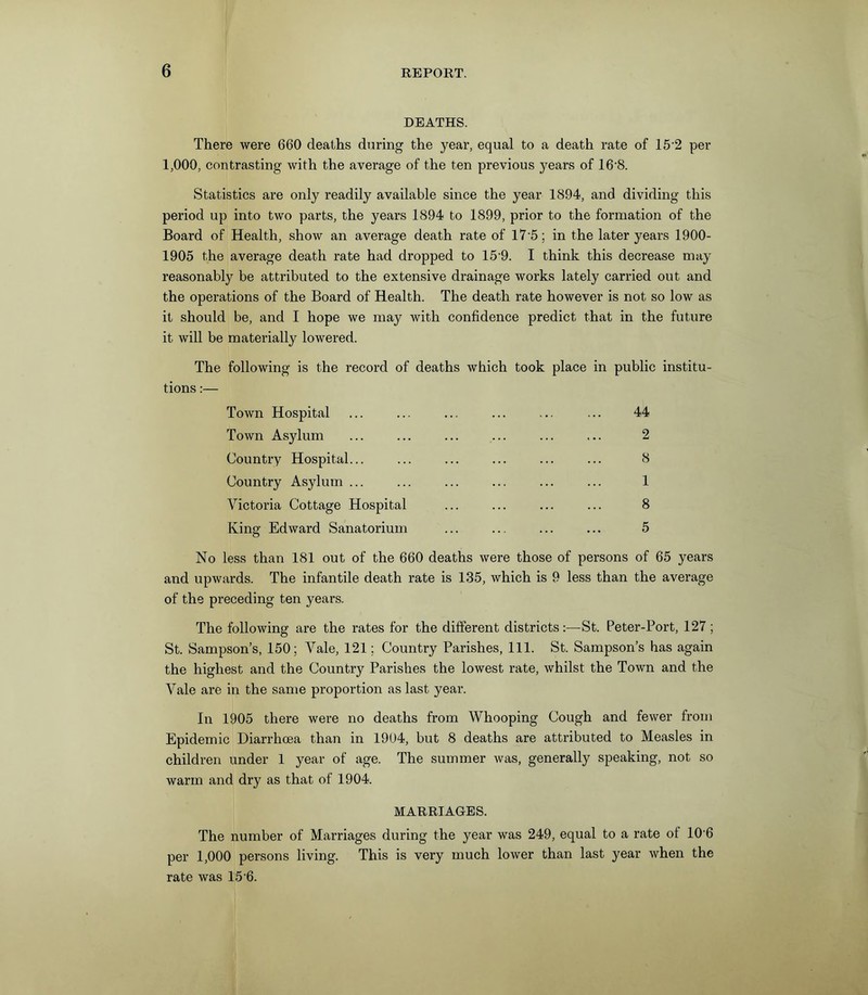 DEATHS. There were 660 deaths during the year, equal to a death rate of 152 per 1,000, contrasting with the average of the ten previous years of 16'8. Statistics are only readily available since the year 1894, and dividing this period up into two parts, the years 1894 to 1899, prior to the formation of the Board of Health, show an average death rate of 175; in the later years 1900- 1905 the average death rate had dropped to 15'9. I think this decrease may reasonably be attributed to the extensive drainage works lately carried out and the operations of the Board of Health. The death rate however is not so low as it should be, and I hope we may with confidence predict that in the future it will be materially lowered. The following is the record of deaths which took place in public institu- tions :— Town Hospital ... ... ... ... ... ... 44 Town Asylum ... ... ... ... ... ... 2 Country Hospital... ... ... ... ... ... 8 Country Asylum ... ... ... ... ... ... 1 Victoria Cottage Hospital ... ... ... ... 8 King Edward Sanatorium ... ... ... ... 5 No less than 181 out of the 660 deaths were those of persons of 65 years and upwards. The infantile death rate is 135, which is 9 less than the average of the preceding ten years. The following are the rates for the different districts:—St. Peter-Port, 127; St. Sampson’s, 150; Vale, 121; Country Parishes, 111. St. Sampson’s has again the highest and the Country Parishes the lowest rate, whilst the Town and the Vale are in the same proportion as last year. In 1905 there were no deaths from Whooping Cough and fewer from Epidemic Diarrhoea than in 1904, but 8 deaths are attributed to Measles in children under 1 year of age. The summer was, generally speaking, not so warm and dry as that of 1904. MARRIAGES. The number of Marriages during the year was 249, equal to a rate of 106 per 1,000 persons living. This is very much lower than last year when the rate was 15'6.