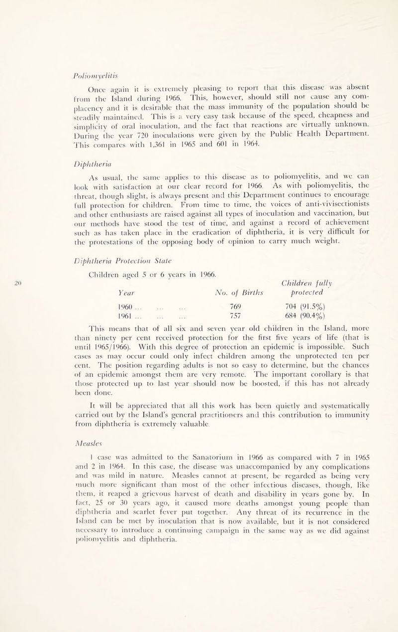 Poliomyelitis Once again it is extremely pleasing to report that this disease was absent from the Island during 1966. This, however, should still not cause any com- placency and it is desirable that the mass immunity of the population should be steadily maintained. This is a very easy task because of the speed, cheapness and simplicity of oral inoculation, and the fact that reactions are virtually unknown. During the year 720 inoculations were given by the Public Health Department. This compares with 1,361 in 1965 and 601 in 1964. Diphtheria As usual, the same applies to this disease as to poliomyelitis, and we can look with satisfaction at our clear record for 1966. As with poliomyelitis, the threat, though slight, is always present and this Department continues to encourage full protection for children. From time to time, the voices of anti-vivisectionists and other enthusiasts are raised against all types of inoculation and vaccination, but our methods have stood the test of time, and against a record of achievement such as has taken place in the eradication of diphtheria, it is very difficult for the protestations of the opposing body of opinion to carry much weight. Diphtheria Protection Stale Children aged 5 o r 6 years in 1966. Children fully Year No. of Births protected I960 ... 769 704 (91.5%) 1961 ... 757 684 (90.4% This means that of all six and seven year old children in the Island, more than ninety per cent received protection for the first five years of life (that is until 1965/1966). With this degree of protection an epidemic is impossible. Such cases as may occur could only infect children among the unprotected ten per cent. The position regarding adults is not so easy to determine, but the chances of an epidemic amongst them are very remote. The important corollary is that those protected up to last year should now be boosted, if this has not already been done. It will be appreciated that all this work has been quietly and systematically carried out by the Island’s general practitioners and this contribution to immunity from diphtheria is extremely valuable. Measles 1 case was admitted to the Sanatorium in 1966 as compared with 7 in 1965 and 2 in 1964. In this case, the disease was unaccompanied by any complications and was mild in nature. Measles cannot at present, be regarded as being very much more significant than most of the other infectious diseases, though, like them, it reaped a grievous harvest of death and disability in years gone by. In fact, 25 or 30 years ago, it caused more deaths amongst young people than diphtheria and scarlet fever put together. Any threat of its recurrence in the Island can be met by inoculation that is now available, but it is not considered necessary to introduce a continuing campaign in the same way as wre did against poliomyelitis and diphtheria.