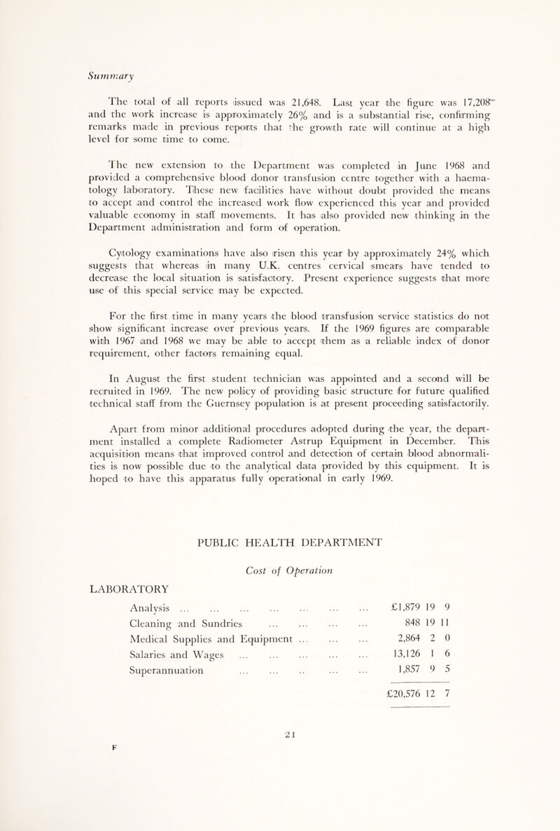 Summary The total of all reports issued was 21,648. Last year the figure was 17,208~~ and the work increase is approximately 26% and is a substantial rise, confirming remarks made in previous reports that the growth rate will continue at a high level for some time to come. The new extension to the Department was completed in June 1968 and provided a comprehensive blood donor transfusion centre together with a haema- tology laboratory. These new facilities have without doubt provided the means to accept and control the increased work flow experienced this year and provided valuable economy in staff movements. It has also provided new thinking in the Department administration and form of operation. Cytology examinations have also risen this year by approximately 24% which suggests that whereas in many U.K. centres cervical smears have tended to decrease the local situation is satisfactory. Present experience suggests that more use of this special service may be expected. For the first time in many years the blood transfusion service statistics do not show significant increase over previous years. If the 1969 figures are comparable with 1967 land 1968 we may be able to accept them as a reliable index of donor requirement, other factors remaining equal. In August the first student technician was appointed and a second will be recruited in 1969. The new policy of providing basic structure for future qualified technical staff from the Guernsey population is at present proceeding satisfactorily. Apart from minor additional procedures adopted during the year, the depart- ment installed a complete Radiometer Astrup Equipment in December. This acquisition means that improved control and detection of certain blood abnormali- ties is now possible due to the analytical data provided by this equipment. It is hoped to have this apparatus fully operational in early 1969. PUBLIC HEALTH DEPARTMENT Cost of Operation LABORATORY Analysis Cleaning and Sundries Medical Supplies and Equipment Salaries and Wages Superannuation £1,879 19 9 848 19 11 2,864 2 0 13,126 1 6 1,857 9 5 £20,576 12 7 21 F
