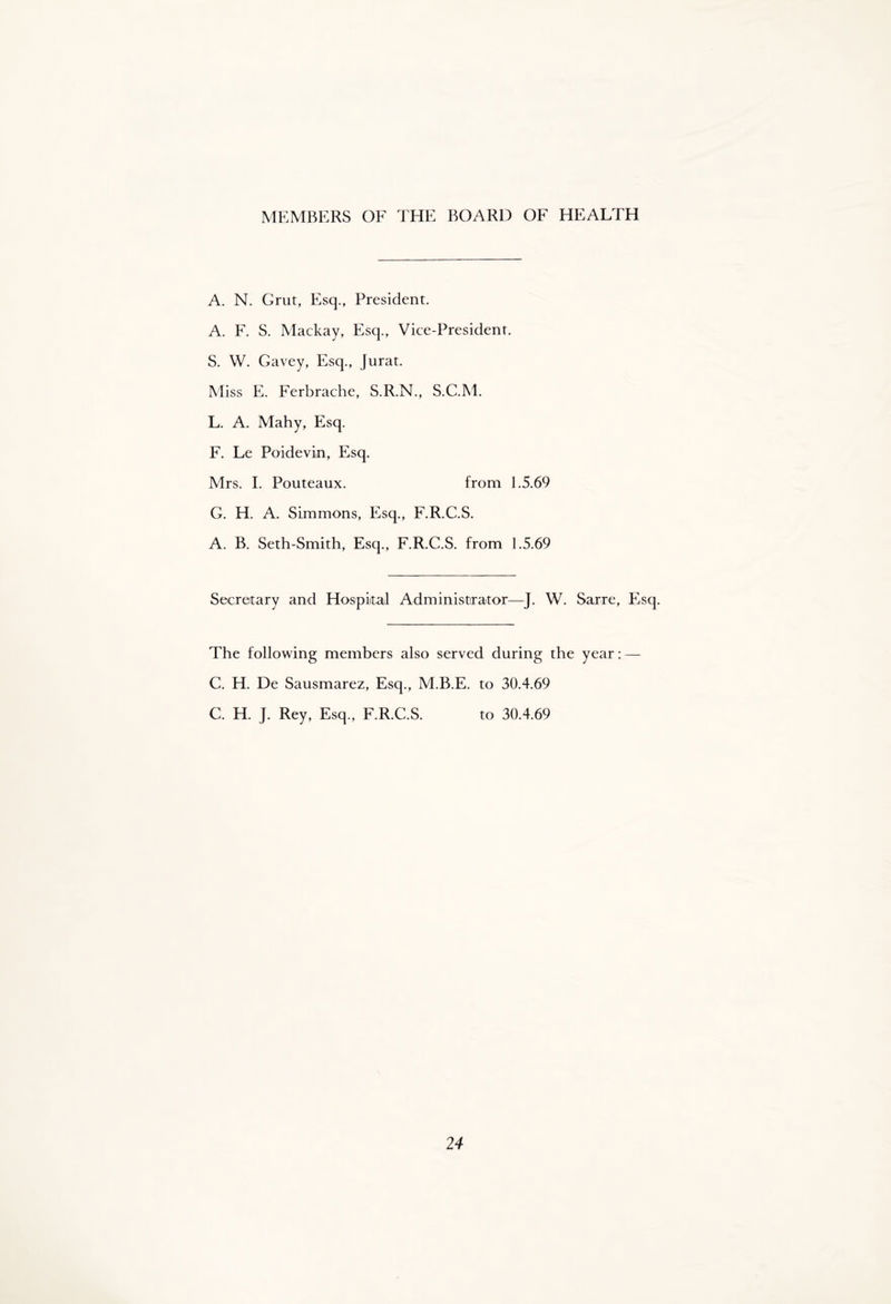 MEMBERS OF THE BOARD OF HEALTH A. N. Grut, Esq., President. A. F. S. Mackay, Esq., Vice-President. S. W. Gavey, Esq., Jurat. Miss E. Ferbrache, S.R.N., S.C.M. L. A. Mahy, Esq. F. Le Poidevin, Esq. Mrs. I. Pouteaux. from 1.5.69 G. H. A. Simmons, Esq., F.R.C.S. A. B. Seth-Smith, Esq., F.R.C.S. from 1.5.69 Secretary and Hospital Administrator—J. W. Sarre, Esq. The following members also served during the year: — C. H. De Sausmarez, Esq., M.B.E. to 30.4.69 C. H. J. Rey, Esq., F.R.C.S. to 30.4.69