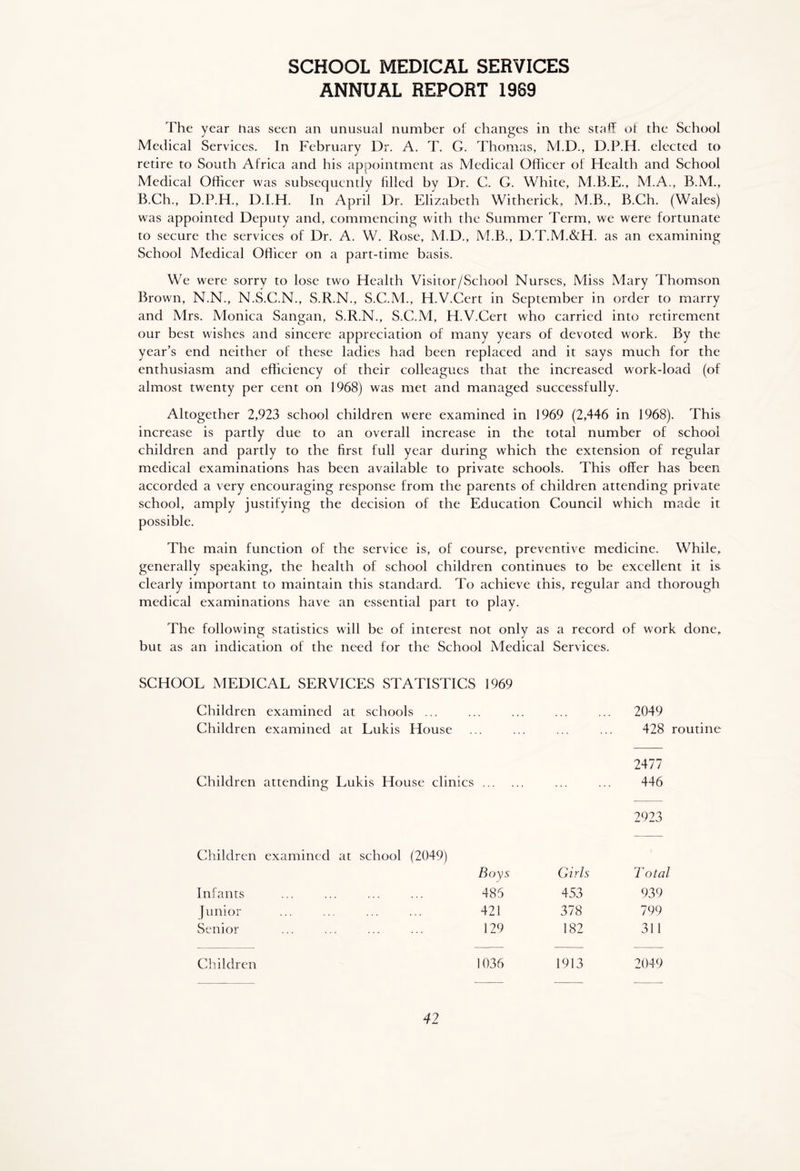 SCHOOL MEDICAL SERVICES ANNUAL REPORT 1969 The year has seen an unusual number of changes in the staff of the School Medical Services. In February Dr. A. T. G. Thomas, M.D., D.P.H. elected to retire to South Africa and his appointment as Medical Officer of Health and School Medical Officer was subsequently filled by Dr. C. G. White, M.B.E., M.A., B.M., B.Ch., D.P.H., D.I.H. In April Dr. Elizabeth Witherick, M.B., B.Ch. (Wales) was appointed Deputy and, commencing with the Summer Term, we were fortunate to secure the services of Dr. A. W. Rose, M.D., M.B., D.T.M.&H. as an examining School Medical Officer on a part-time basis. We were sorry to lose two Health Visitor/School Nurses, Miss Mary Thomson Brown, N.N., N.S.C.N., S.R.N., S.C.M., H.V.Cert in September in order to marry and Mrs. Monica Sangan, S.R.N., S.C.M, H.V.Cert who carried into retirement our best wishes and sincere appreciation of many years of devoted work. By the year’s end neither of these ladies had been replaced and it says much for the enthusiasm and efficiency of their colleagues that the increased work-load (of almost twenty per cent on 1968) was met and managed successfully. Altogether 2,923 school children were examined in 1969 (2,446 in 1968). This increase is partly due to an overall increase in the total number of school children and partly to the first full year during which the extension of regular medical examinations has been available to private schools. This offer has been accorded a very encouraging response from the parents of children attending private school, amply justifying the decision of the Education Council which made it possible. The main function of the service is, of course, preventive medicine. While, generally speaking, the health of school children continues to be excellent it is clearly important to maintain this standard. To achieve this, regular and thorough medical examinations have an essential part to play. The following statistics will be of interest not only as a record of work done, but as an indication of the need for the School Medical Services. SCHOOL MEDICAL SERVICES STATISTICS 1969 Children examined at schools ... ... ... ... ... 2049 Children examined at Lukis House ... ... ... ... 428 routine 2477 Children attending Lukis House clinics ... 446 2923 Children examined at school (2049) Boys Girls Total Infants 485 453 939 Junior 421 378 799 Senior 129 182 311 Children 1036 1913 2049