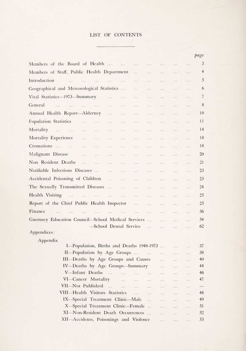 LIST OF CONTENTS page Members of the Board of Health ... ... ... ... ... ... ... 3 Members of Staff, Public Health Department 4 Introduction ... ... ... ... ... ••• ••• ••• ... ••• 5 Geographical and Meteorological Statistics ... ... ... ... ... ... 6 Vital Statistics—1973—Summary 7 General ... ... ... ... ... ... ... ... ... ... ... 8 Annual Health Report—Alderney ... ... ... ... ... ... ... 10 Population Statistics ... ... ... ... ... ... ... ... ... 11 Mortality ... ... ... ... ... ... ... ... ... ... ... 14 Mortality Experience ... ... ... ... ... ... ... ... ... 18 Cremations ... ... ... ... ... ... ... ... ... ... ... 18 Malignant Disease ... ... ... ... ... ... ... ... ... 20 Non Resident Deaths ... ... ... ... ... ... ... ... ... 21 Notifiable Infectious Diseases ... ... ... ... ... ... ... ... 23 Accidental Poisoning of Children ... ... ... ... ... ... ... 23 The Sexually Transmitted Diseases ... ... ... ... ... ... ... 24 Health Visiting ... ... ... ... ... ... ... ... ... ... 25 Report of the Chief Public Health Inspector ... ... ... ... ... 25 Finance ... ... ... ... ... ... ... ... ... ... ... 36 Guernsey Education Council—School Medical Services ... ... ... ... 54 —School Dental Service ... ... ... ... 62 Appendices: Appendix I—Population, Births and Deaths 1948-1973 ... ... ... 37 II—Population by Age Groups ... ... ... ... ... 38 III— Deaths by Age Groups and Causes ... ... ... 40 IV— Deaths by Age Groups—Summary ... ... ... 44 V— Infant Deaths ... ... ... ... ... ... ... 46 VI— Cancer Mortality ... ... ... ... ... ... 47 VII—Not Published ... ... ... ... ... ... ... — VIII—Health Visitors Statistics ... ... ... ... ... 48 IX—Special Treatment Clinic—Male ... ... ... ... 49 X—Special Treatment Clinic—Female ... ... ... ... 51 XI—Non-Resident Death Occurrences ... ... ... ... 52 XII—Accidents, Poisonings and Violence ... ... ... 53