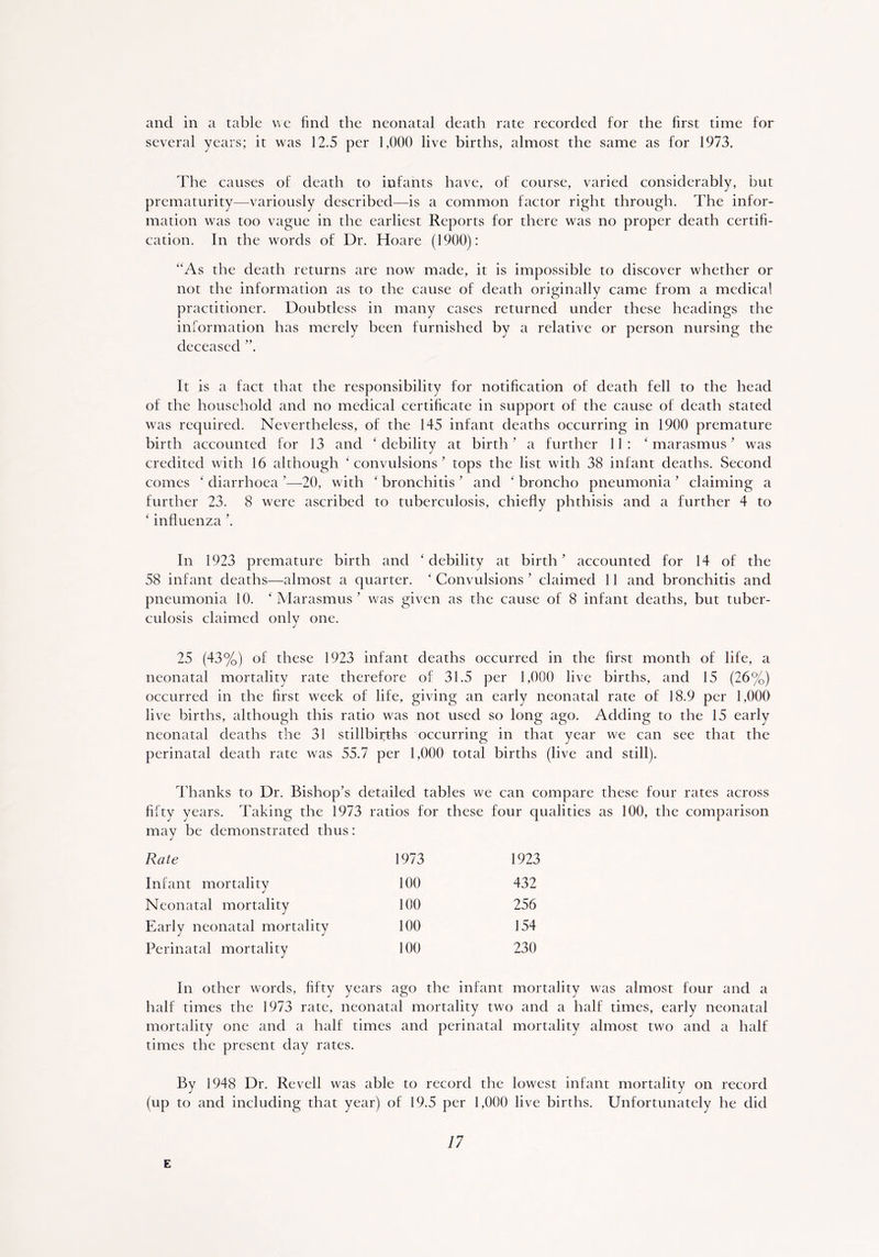 and in a table vve find the neonatal death rate recorded for the first time for several years; it was 12.5 per 1,000 live births, almost the same as for 1973. The causes of death to infants have, of course, varied considerably, but prematurity—variously described—is a common factor right through. The infor- mation was too vague in the earliest Reports for there was no proper death certifi- cation. In the words of Dr. Hoare (1900): “As the death returns are now made, it is impossible to discover whether or not the information as to the cause of death originally came from a medical practitioner. Doubtless in many cases returned under these headings the information has merely been furnished by a relative or person nursing the deceased ”. It is a fact that the responsibility for notification of death fell to the head of the household and no medical certificate in support of the cause of death stated was required. Nevertheless, of the 145 infant deaths occurring in 1900 premature birth accounted for 13 and 'debility at birth’ a further 11: 'marasmus’ was credited with 16 although ‘convulsions’ tops the list with 38 infant deaths. Second comes ' diarrhoea ’—20, with ' bronchitis ’ and ' broncho pneumonia ’ claiming a further 23. 8 were ascribed to tuberculosis, chiefly phthisis and a further 4 to ‘ influenza ’. In 1923 premature birth and 'debility at birth’ accounted for 14 of the 58 infant deaths—almost a quarter. ' Convulsions ’ claimed 11 and bronchitis and pneumonia 10. ‘Marasmus’ was given as the cause of 8 infant deaths, hut tuber- culosis claimed only one. 25 (43%) of these 1923 infant deaths occurred in the first month of life, a neonatal mortality rate therefore of 31.5 per 1,000 live births, and 15 (26%) occurred in the first week of life, giving an early neonatal rate of 18.9 per 1,000 live births, although this ratio was not used so long ago. Adding to the 15 early neonatal deaths the 31 stillbirths occurring in that year we can see that the perinatal death rate was 55.7 per 1,000 total births (live and still). Thanks to Dr. Bishop’s detailed tables we can compare these four rates across fifty years. Taking the 1973 ratios for these four qualities as 100, the comparison may be demonstrated thus: Rate 1973 1923 Infant mortality 100 432 Neonatal mortality 100 256 Early neonatal mortality 100 154 Perinatal mortality 100 230 In other words, fifty years ago the infant mortality was almost four and a half times the 1973 rate, neonatal mortality two and a half times, early neonatal mortality one and a half times and perinatal mortality almost two and a half times the present day rates. By 1948 Dr. Re veil was able to record the lowest infant mortality on record (up to and including that year) of 19.5 per 1,000 live births. Unfortunately he did 17 E