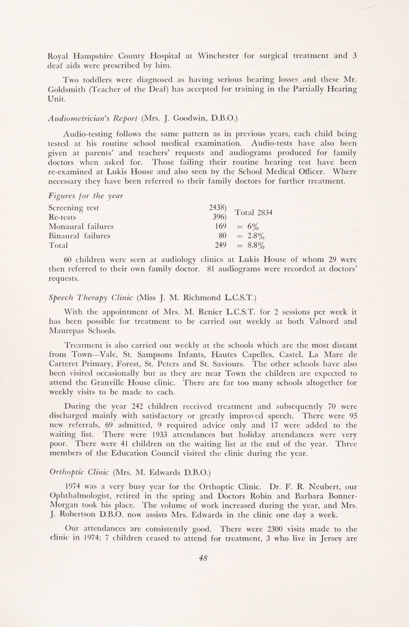 Royal Hampshire County Hospital at Winchester for surgical treatment and 3 deaf aids were prescribed by him. Two toddlers were diagnosed as having serious hearing losses and these Mr. Goldsmith (Teacher of the Deaf) has accepted for training in the Partially Hearing Unit. Audiometrician’s Report (Mrs. J. Goodwin, D.B.O.) Audio-testing follows the same pattern as in previous years, each child being tested at his routine school medical examination. Audio-tests have also been given at parents’ and teachers’ requests and audiograms produced for family doctors when asked for. Those failing their routine hearing test have been re-examined at Lukis House and also seen by the School Medical Officer. Where necessary they have been referred to their family doctors for further treatment. Figures for the year Screening test Re-tests Monaural failures Binaural failures Total 60 children were seen at audiology clinics at Lukis House of whom 29 were then referred to their own family doctor. 81 audiograms were recorded at doctors’ requests. Speech Therapy Clinic (Miss J. M. Richmond L.C.S.T.) With the appointment of Mrs. M. Renier L.C.S.T. for 2 sessions per week it has been possible for treatment to be carried out weekly at both Valnord and Maurepas Schools. Treatment is also carried out weekly at the schools which are the most distant from Town—Vale, St. Sampsons Infants, Hautes Capelles, Castel, La Mare de Carteret Primary, Forest, St. Peters and St. Saviours. The other schools have also been visited occasionally but as they are near Town the children are expected to attend the Granville House clinic. There are far too many schools altogether for weekly visits to be made to each. During the year 242 children received treatment and subsequently 70 were discharged mainly with satisfactory or greatly improved speech. There were 95 new referrals, 69 admitted, 9 required advice only and 17 were added to the waiting list. There were 1933 attendances but holiday attendances were very poor. There were 41 children on the waiting list at the end of the year. Three members of the Education Council visited the clinic during the year. Orthoptic Clinic (Mrs. M. Edwards D.B.O.) 1974 was a very busy year for the Orthoptic Clinic. Dr. F. R. Neubert, our Ophthalmologist, retired in the spring and Doctors Robin and Barbara Bonner- Morgan took his place. The volume of work increased during the year, and Mrs. J. Robertson D.B.O. now assists Mrs. Edwards in the clinic one day a week. Our attendances are consistently good. There were 2300 visits made to the clinic irt 1974; 7 children ceased to attend for treatment, 3 who live in Jersey are Total 2834 2438) 396) 169 80 - 2.8% 249 - 8.8% 6°' o