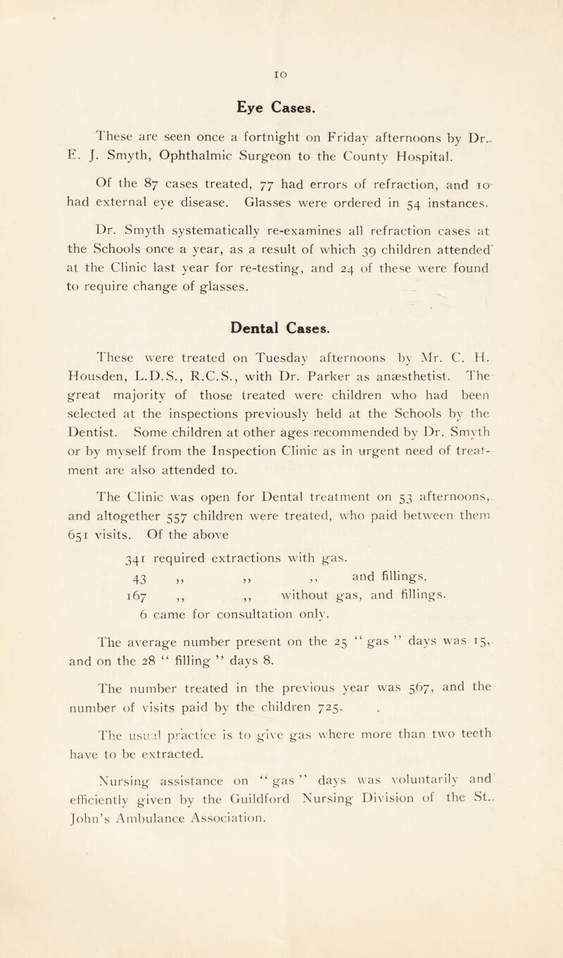 IO Eye Cases. These are seen once a fortnight on Friday afternoons by Dr... E. J. Smyth, Ophthalmic Surgeon to the County Hospital. Of the 87 cases treated, 77 had errors of refraction, and to had external eye disease. Glasses were ordered in 54 instances. Dr. Smyth systematically re-examines all refraction cases at the Schools once a year, as a result of which 39 children attended at the Clinic last year for re-testing, and 24 of these were found to require change of glasses. Dental Cases. These were treated on Tuesday afternoons by Mr. C. H. Housden, L.D.S., R.C.S., with Dr. Parker as anaesthetist. The great majority of those treated were children who had been selected at the inspections previously held at the Schools by the Dentist. Some children at other ages recommended by Dr. Smyth or by myself from the Inspection Clinic as in urgent need of treat- ment are also attended to. The Clinic was open for Dental treatment on 53 afternoons, and altogether 557 children were treated, who paid between them 651 visits. Of the above 341 required extractions with gas. 43 a >> ,> ar*d fillings. 167 ,, ,, without gas, and fillings. 6 came for consultation only. The average number present on the 25 “ gas ” days was 15, and on the 28 “ filling ” days 8. The number treated in the previous year was 567, and the number of visits paid by the children 725. The usual practice is to give gas where more than two teeth have to be extracted. Nursing assistance on “ gas ” days was voluntarily and efficiently given by the Guildford Nursing Division of the St.- John’s Ambulance Association.