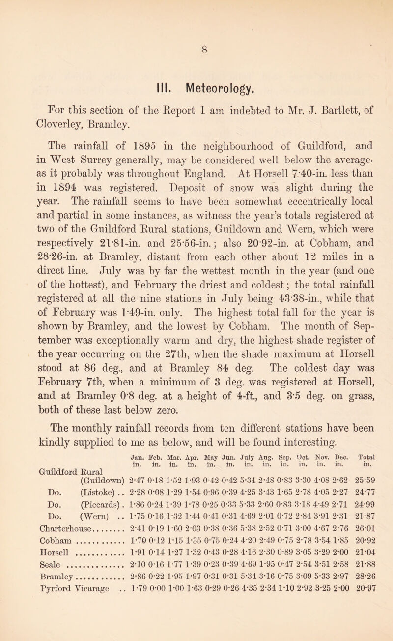 B III. Meteorology, For this section of the Report 1 am indebted to Mr. J. Bartlett, of Cloverley, Bramley. The rainfall of 1895 in the neighbourhood of Guildford, and in West Surrey generally, may be considered well below the average* as it probably was throughout England. At Horsell 7A0-in. less than in 1894 was registered. Deposit of snow was slight during the year. The rainfall seems to have been somewhat eccentrically local and partial in some instances, as witness the year’s totals registered at two of the Guildford Rural stations, Guildown and Wern, which were respectively 21*8Bin. and 25-56-in.; also 20-92-in. at Cobham, and 28'26-in. at Bramley, distant from each other about 12 miles in a direct line. July was by far the wettest month in the year (and one of the hottest), and February the driest and coldest; the total rainfall registered at all the nine stations in July being 48•88-in., while that of February was 1-49-in. only. The highest total fall for the year is shown by Bramley, and the lowest by Cobham. The month of Sep- tember was exceptionally warm and dry, the highest shade register of the year occurring on the 27th, when the shade maximum at Horsell stood at 86 deg., and at Bramley 84 deg. The coldest day was February 7th, when a minimum of 3 deg. was registered at Horsell, and at Bramley 0*8 deg. at a height of 4-ft., and 8-5 deg. on grass, both of these last below zero. The monthly rainfall records from ten different stations have been kindly supplied to me as below, and will be found interesting. Jan. Feb. Mar. Apr. May Jun. July Aug. Sep. Oct. Nov. Dec. Total in. in. in. in. in. in. in. in. in. in. in. in. in. Guildford Eural (GuMown) 2-47 0-18 1-52 1*93 0-42 0*42 5*34 2-48 0-83 3-30 4-08 2-62 25*59 Do. (Listoke) .. 2*28 0*08 1*29 1*54 0*96 0*39 4*25 3*43 1*65 2*78 4*05 2*27 24*77 Do. (Piccards). 1*86 0*24 1*39 1*78 0*25 0*33 5*33 2*60 0*83 3*18 4*49 2*71 24*99 Do. (Wern) .. 1*75 0*16 1*32 1*44 0*41 0*31 4*69 2*01 0*72 2*84 3*91 2*31 21*87 Charterhouse 2*41 0*19 1*60 2*03 0*38 0*36 5*38 2*52 0*71 3*00 4*67 2-76 26*01 Cobham 1*70 0*12 1*15 1*35 0*75 0*24 4*20 2*49 0*75 2*78 3*54 1*85 20*92 Horsell 1*91 0*14 1*27 1*32 0*43 0*28 4*16 2*30 0*89 3*05 3*29 2*00 21*04 Seale 2*10 0*16 1*77 1*39 0*23 0*39 4*69 1*95 0*47 2*54 3*51 2*58 21*88 Bramley 2*86 0*22 1*95 1*97 0*31 0*31 5*34 3*16 0*75 3*09 5*33 2*97 28*26 Pyrford Vicarage .. 1 *79 0*00 1*00 1*63 0*29 0*26 4*35 2*34 1*10 2*92 3*25 2*00 20*97