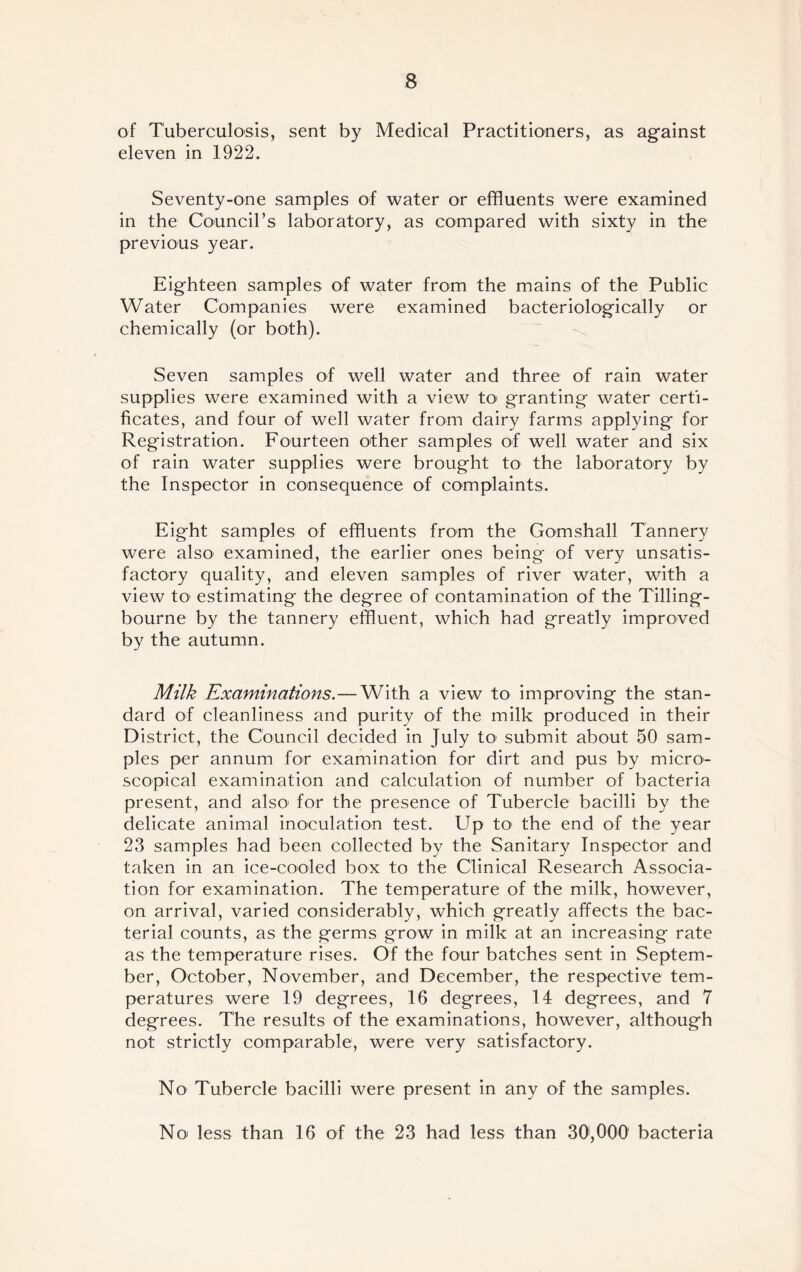 of Tuberculosis, sent by Medical Practitioners, as against eleven in 1922. Seventy-one samples of water or effluents were examined in the Council’s laboratory, as compared with sixty in the previous year. Eighteen samples of water from the mains of the Public Water Companies were examined bacteriologically or chemically (or both). Seven samples of well water and three of rain water supplies were examined with a view to1 granting water certi- ficates, and four of well water from dairy farms applying for Registration. Fourteen other samples of well water and six of rain water supplies were brought to the laboratory by the Inspector in consequence of complaints. Eight samples of effluents from the Gomshall Tannery were also* examined, the earlier ones being of very unsatis- factory quality, and eleven samples of river water, with a view to estimating the degree of contamination of the Tilling- bourne by the tannery effluent, which had greatly improved by the autumn. Milk Examinations.—With a view to improving the stan- dard of cleanliness and purity of the milk produced in their District, the Council decided in July to submit about 50 sam- ples per annum for examination for dirt and pus by micro- scopical examination and calculation of number of bacteria present, and also* for the presence of Tubercle bacilli by the delicate animal inoculation test. Up to* the end of the year 23 samples had been collected by the Sanitary Inspector and taken in an ice-cooled box to the Clinical Research Associa- tion for examination. The temperature of the milk, however, on arrival, varied considerably, which greatly affects the bac- terial counts, as the germs grow in milk at an increasing rate as the temperature rises. Of the four batches sent in Septem- ber, October, November, and December, the respective tem- peratures were 19 degrees, 16 degrees, 14 degrees, and 7 degrees. The results of the examinations, however, although not strictly comparable, were very satisfactory. No Tubercle bacilli were present in any of the samples. No less than 16 of the 23 had less than 30',000 bacteria