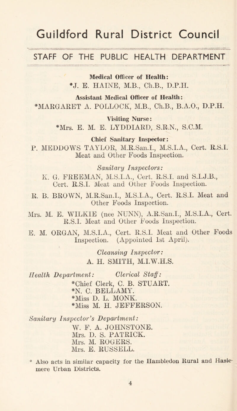 STAFF OF THE PUBLIC HEALTH DEPARTMENT Medical Officer of Health: *J. E. HAINE, M.B., Ch.B., D.P.H. Assistant Medical Officer of Health: * MARGARET A. POLLOCK, M.B., Ch.B., B.A.O., D.P.H. Visiting Nurse: *Mrs. E. M. E. LYDDIARD, S.R.N., S.C.M. Chief Sanitary Inspector: P. MEDDOWS TAYLOR, M.R.San.L, M.S.I.A., Cert. R.S.L Meat and Other Foods Inspection. Sanitary Inspectors: K. G. FREEMAN, M.S.I.A., Cert. R.S.I. and S.I.J.B., Cert. R.S.I. Meat and Other Foods Inspection. R. B. BROWN, M.R.San.L, M.S.I.A., Cert. R.S.I. Meat and Other Foods Inspection. Mrs. M. E. WILKIE (nee NUNN), A.R.San.I., M.S.I.A., Cert. R.S.I. Meat and Other Foods Inspection. E. M. ORGAN, M.S.I.A., Cert. R.S.I. Meat and Other Foods Inspection. (Appointed 1st April). Cleansing Inspector: A. H. SMITH, M.I.W.H.S. Health Department: Clerical Staff: * Chief Clerk, C. B. STUART. #N. C. BELLAMY. #Miss D. L. MONK. *Miss M. H. JEFFERSON. Sanitary Inspector’s Department: W. F. A. JOHNSTONE. Mrs. D. S. PATRICK. Mrs. M. ROGERS. Mrs. E. RUSSELL. * Also acts in similar capacity for the Hambledon Rural and Hasie- mere Urban Districts.