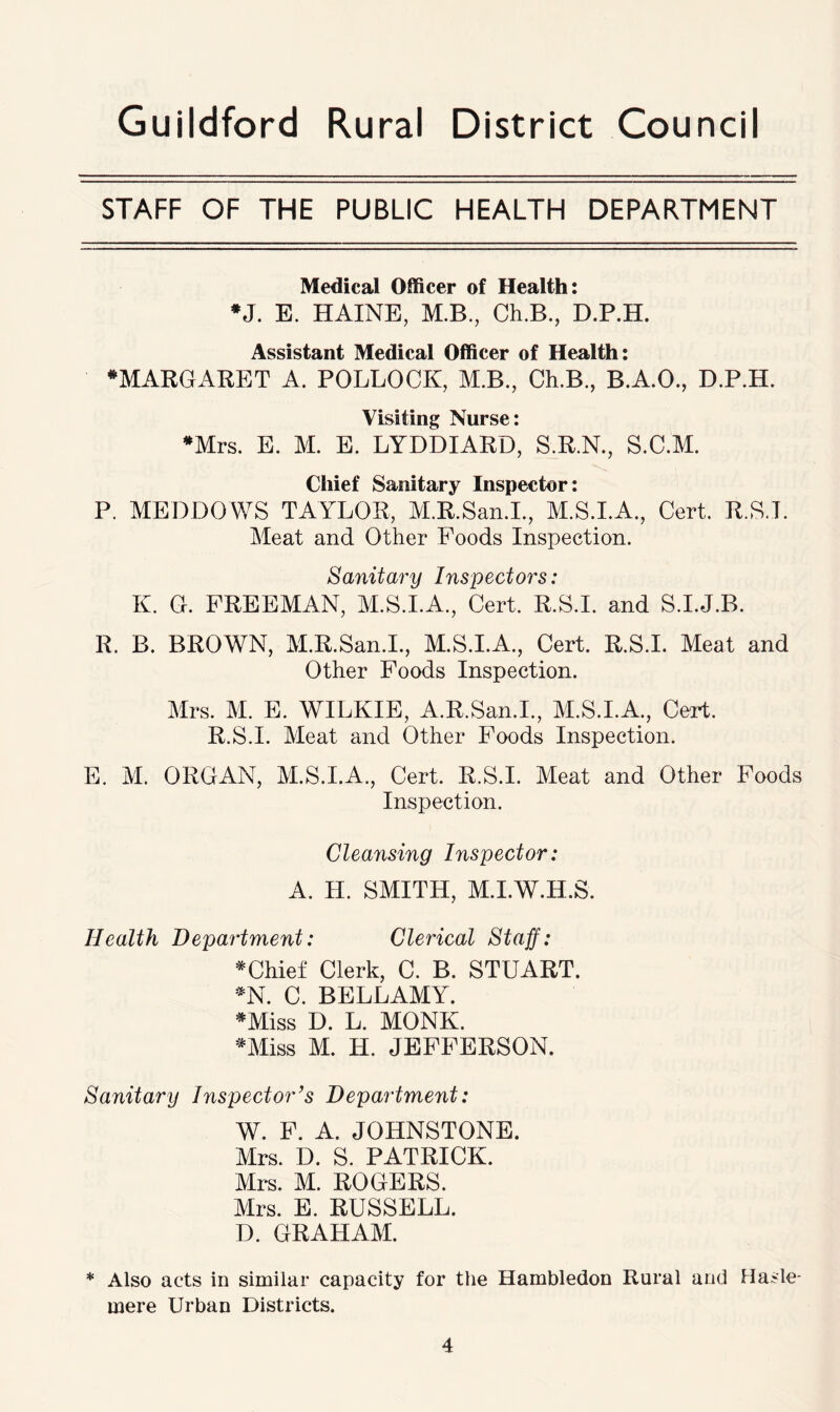 STAFF OF THE PUBLIC HEALTH DEPARTMENT Medical Officer of Health: *J. E. HAINE, M.B., Ch.B., D.P.H. Assistant Medical Officer of Health: * MARGARET A. POLLOCK, M.B., Ch.B., B.A.O., D.P.H. Visiting Nurse: *Mrs. E. M. E. LYDDIARD, S.R.N., S.C.M. Chief Sanitary Inspector: P. MEDDOWS TAYLOR, M.R.San.I., M.S.I.A., Cert. R.S.I. Meat and Other Foods Inspection. Sanitary Inspectors: K. G. FREEMAN, M.S.I.A., Cert. R.S.I. and S.I.J.B. R. B. BROWN, M.R.San.I., M.S.I.A., Cert. R.S.I. Meat and Other Foods Inspection. Mrs. M. E. WILKIE, A.R.San.I., M.S.I.A., Cert. R.S.I. Meat and Other Foods Inspection. E. M. ORGAN, M.S.I.A., Cert. R.S.I. Meat and Other Foods Inspection. Cleansing Inspector: A. H. SMITH, M.I.W.H.S. Health Department: Clerical Staff: * Chief Clerk, C. B. STUART. *N. C. BELLAMY. *Miss D. L. MONK. *Miss M. H. JEFFERSON. Sanitary Inspector’s Department: W. F. A. JOHNSTONE. Mrs. D. S. PATRICK. Mrs. M. ROGERS. Mrs. E. RUSSELL. D. GRAHAM. * Also acts in similar capacity for the Hambledon Rural and Hasle- mere Urban Districts.