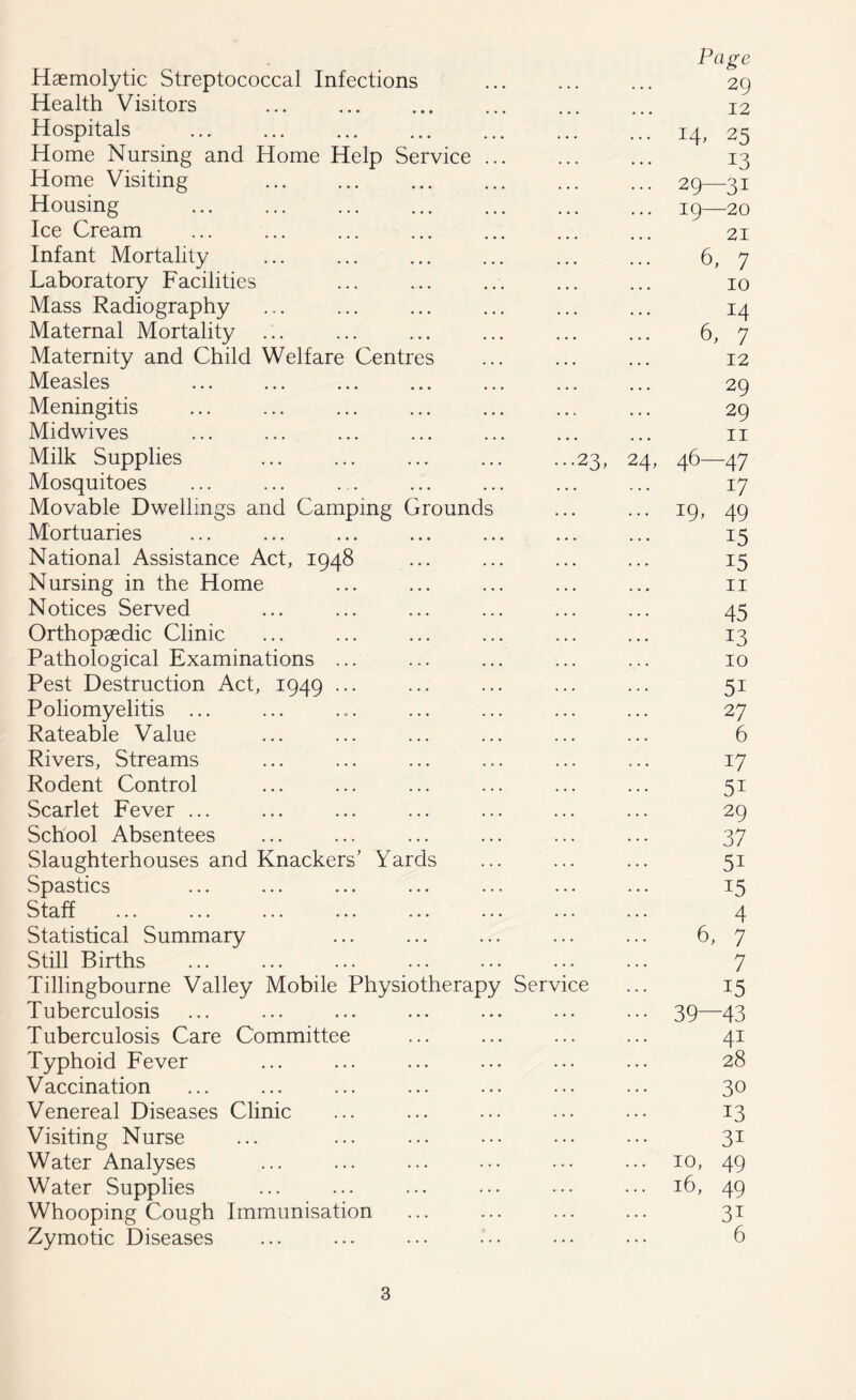 Hasmolytic Streptococcal Infections Health Visitors Hospitals Home Nursing and Home Help Service Home Visiting Housing Ice Cream Infant Mortality Laboratory Facilities Mass Radiography Maternal Mortality Maternity and Child Welfare Centres Measles Meningitis Midwives Milk Supplies Mosquitoes Movable Dwellings and Camping Ground Mortuaries National Assistance Act, 1948 Nursing in the Home Notices Served Orthopaedic Clinic Pathological Examinations ... Pest Destruction Act, 1949 ... Poliomyelitis ... Rateable Value Rivers, Streams Rodent Control Scarlet Fever ... School Absentees Slaughterhouses and Knackers’ Yards Spastics Staff Statistical Summary Still Births Tillingbourne Valley Mobile Physiotherapy Tuberculosis Tuberculosis Care Committee Typhoid Fever Vaccination Venereal Diseases Clinic Visiting Nurse Water Analyses Water Supplies Whooping Cough Immunisation Zymotic Diseases Servic Page 29 12 .. 14, 25 13 .. 29—31 .. 19—20 21 6, 7 10 14 6, 7 12 29 29 11 24, 46—47 17 .. 19, 49 15 15 11 45 13 10 5i 27 6 17 5i 29 37 15 4 6, 7 7 15 • • 39—43 41 28 30 13 31 .. 10, 49 .. 16, 49 3i 6