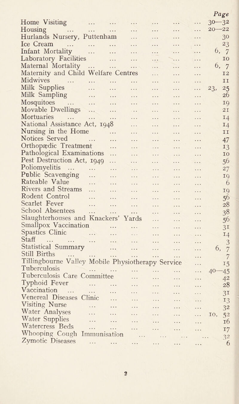 m Centres Home Visiting Housing Hurlands Nursery, Puttenhai Ice Cream Infant Mortality Laboratory Facilities Maternal Mortality Maternity and Child Welfare Midwives Milk Supplies Milk Sampling Mosquitoes Movable Dwellings Mortuaries National Assistance Act, 1948 Nursing in the Home Notices Served Orthopaedic Treatment Pathological Examinations Pest Destruction Act, 1949 Poliomyelitis ... Public Scavenging Rateable Value Rivers and Streams Rodent Control Scarlet Fever School Absentees Slaughterhouses and Knackers’ Yards Smallpox Vaccination Spastics Clinic Staff Statistical Summary Still Births Tillingbourne Valley Mobile Tuberculosis Tuberculosis Care Committee Typhoid Fever Vaccination Venereal Diseases Clinic Visiting Nurse Water Analyses Water Supplies Watercress Beds Whooping Cough Immunisation Zymotic Diseases Physiotherap y Servic Page 30—32 20—22 30 23 6, 7 10 6, 7 12 11 23. 25 26 19 21 14 14 11 47 13 10 56 27 IQ 6 19 56 28 38 56 31 z4 3 6, 7 7 15 40—45 42 28 31 13 32 10, 52 16 17 32 6