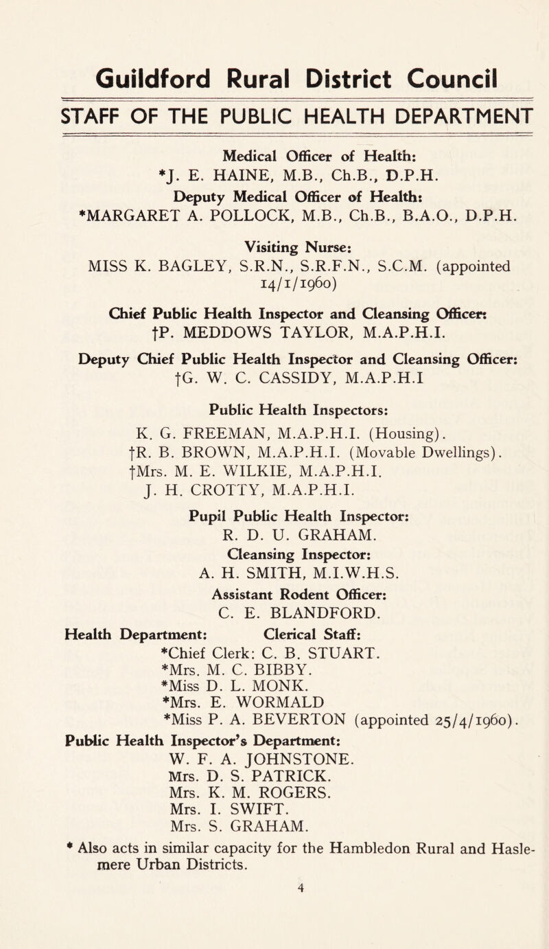 STAFF OF THE PUBLIC HEALTH DEPARTMENT Medical Officer of Health: *J. E. HAINE, M.B., Ch.B., D.P.H. E>eputy Medical Officer of Health: ♦MARGARET A. POLLOCK, M.B., Ch.B., B.A.O., D.P.H. Visiting Nurse: MISS K. BAGLEY, S.R.N., S.R.F.N., S.C.M. (appointed 14/1/1960) Chief Public Health Inspector and Oeansing Officer: tP. MEDDOWS TAYLOR, M.A.P.H.I. I>eputy Chief Public Health Inspector and Cleansing Officer: jG. W. C. CASSIDY, M.A.P.H.I Public Health Inspectors: K. G. FREEMAN, M.A.P.H.I. (Housing). tR. B. BROWN, M.A.P.H.I. (Movable Dwellings). tMrs. M. E. WILKIE, M.A.P.H.I. J. H. CROTTY, M.A.P.H.I. Pupil Public Health Inspector: R. D. U. GRAHAM. Cleansing Inspector: A. H. SMITH, M.I.W.H.S. Assistant Rodent Officer: C. E. BLANDFORD. Health Department: Clerical Staff: ♦Chief Clerk: C. B. STUART. ♦Mrs. M. C. BIBBY. =^Miss D. L. MONK. ♦Mrs. E. WORMALD ♦Miss P. A. BEVERTON (appointed 25/4/1960). Public Health Inspector’s Department: W. F. A. JOHNSTONE. Mrs. D. S. PATRICK. Mrs. K. M. ROGERS. Mrs. 1. SWIFT. Mrs. S. GRAHAM. ♦ Also acts in similar capacity for the Hambledon Rural and Hasle- mere Urban Districts.